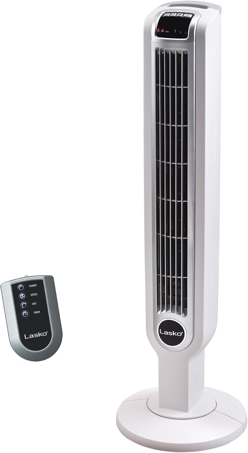 Lasko Oscillating Tower Fan with Remote Control and Timer – Quiet Standing Fan for Bedroom, Office, and Home – 3 Speeds – Powerful Cooling Air – 2510 – 36″ Tall – White