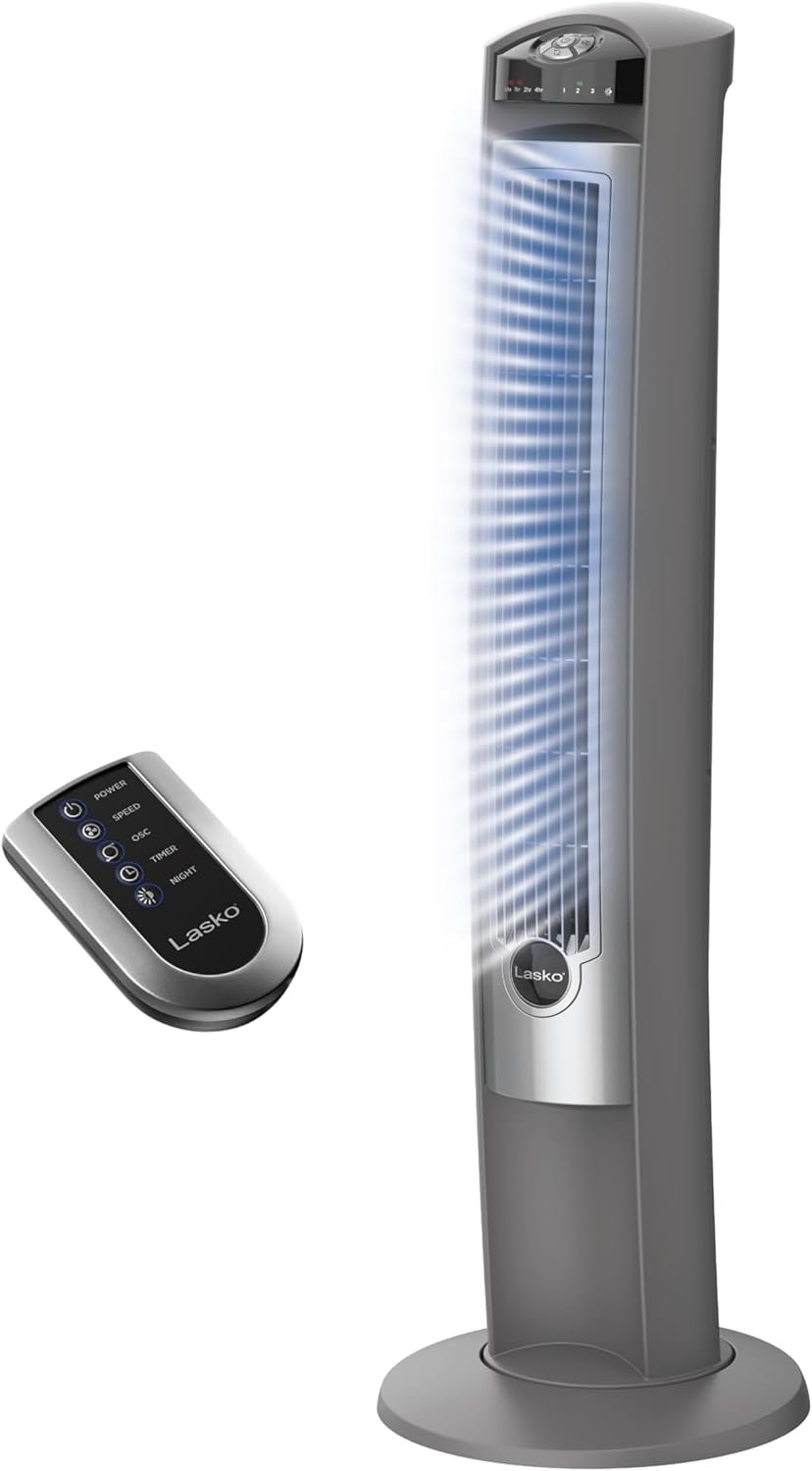 Lasko Oscillating Tower Fan with Remote – Quiet Standing Fan for Bedroom, Office, and Home – 3 Speeds – Powerful Cooling Air – T42951 – 42″ Tall – Silver