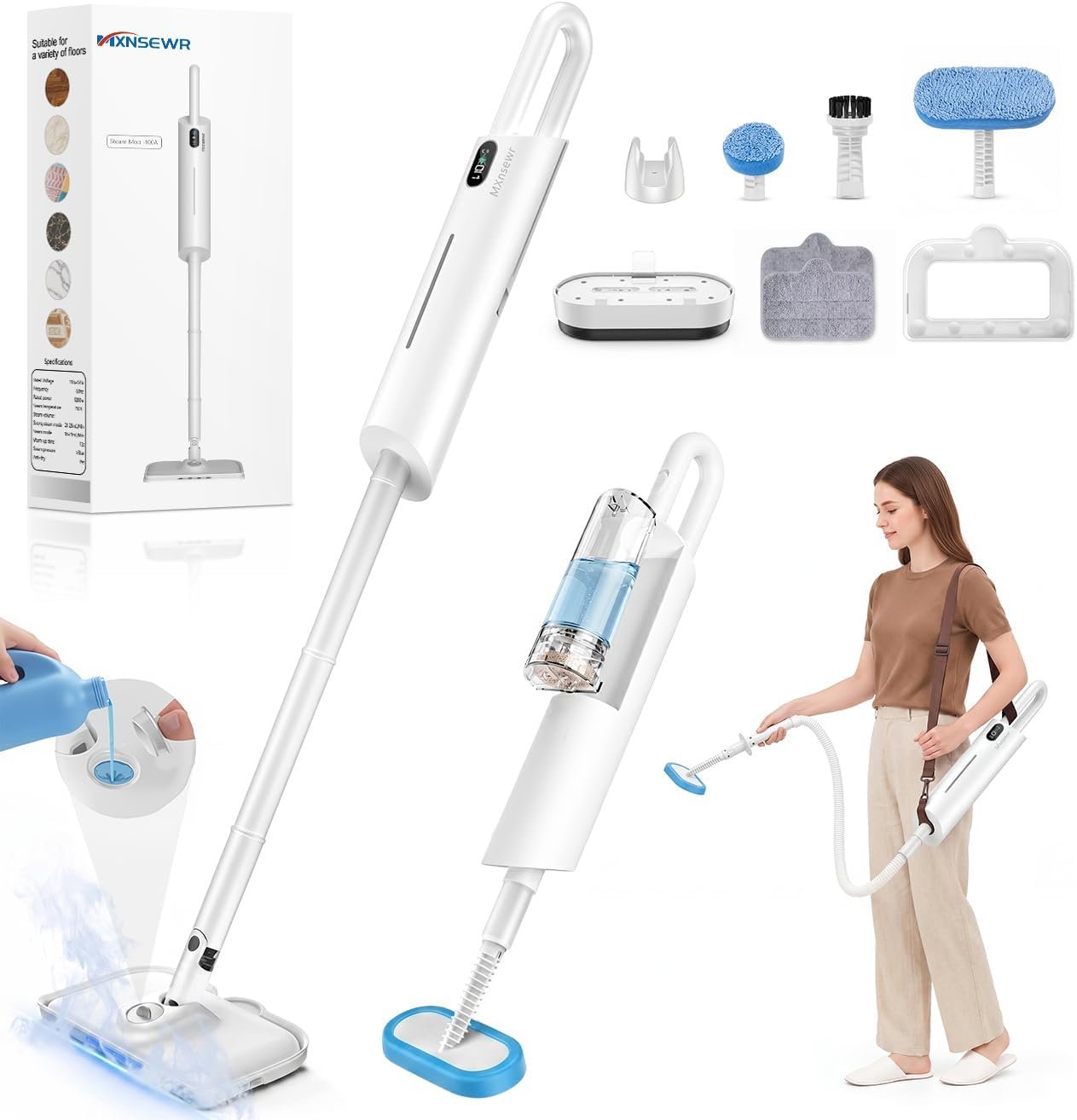 Steam Mops for Floor Cleaning, MultiPurpose Steam Cleaner for Home with 13 Accessories and Strap, Detachable Handheld Steam Mop for Home