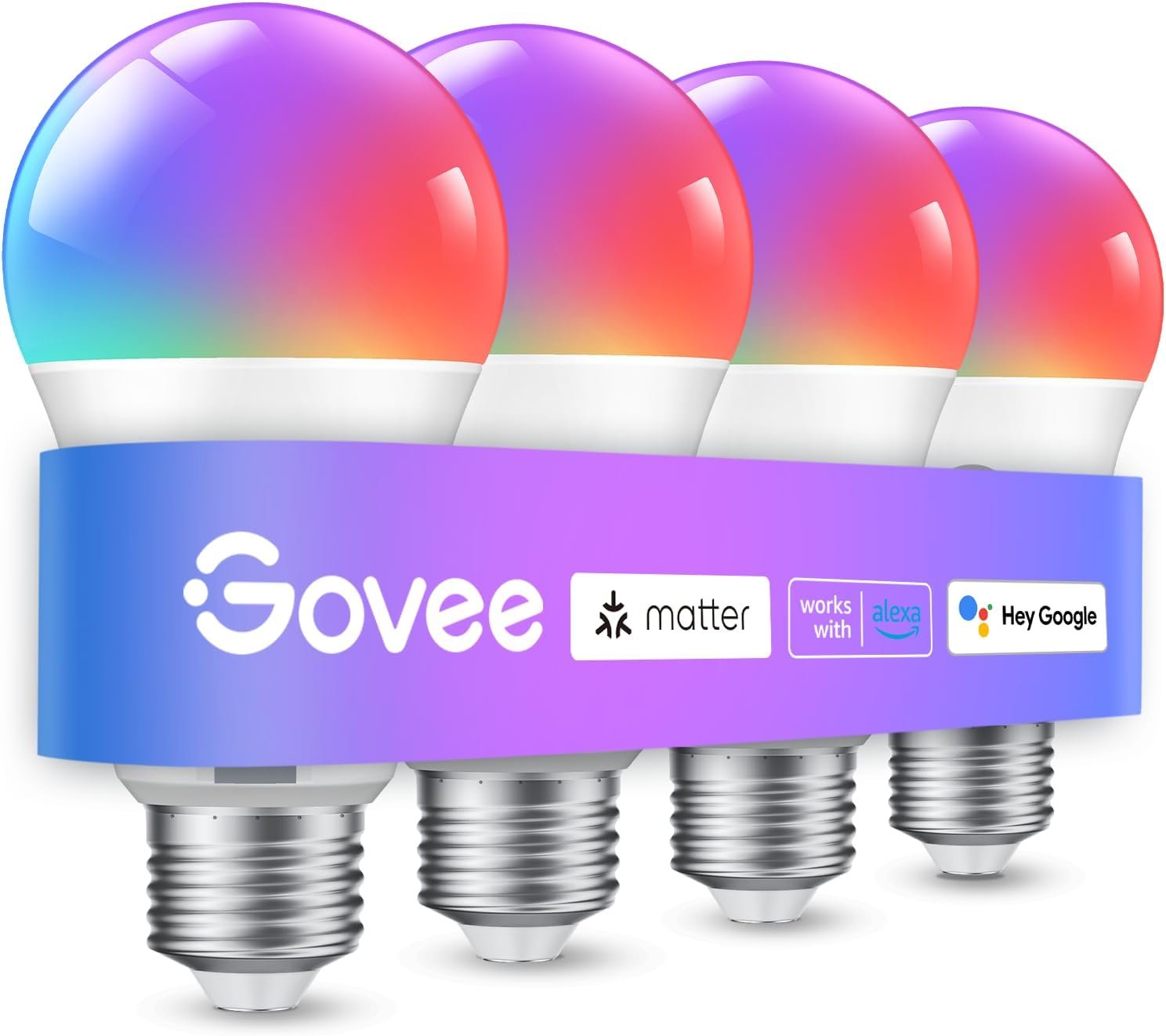 Govee Smart Light Bulbs, Color Changing Light Bulb, Work with Alexa and Google Assistant, 16 Million Colors RGBWW, WiFi & Bluetooth LED Light Bulbs, Music Sync, A19, 800 Lumens, 4 Pack