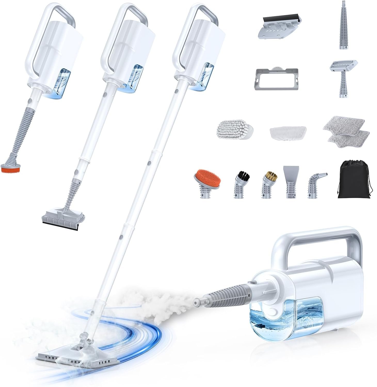 10-in-1 Steam Mop with Detachable Handheld Steamer,350ml Tank, 10s Heat-Up, 248°F Steam Cleaner, 2-Level Control and Swivel Head for Floor,Carpet,Tiles, BBQ grill,Car Accessories Clean White