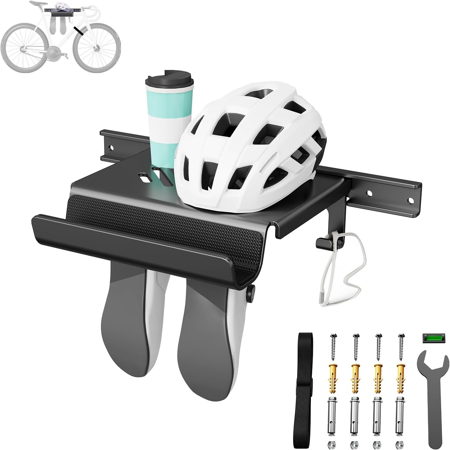 Bike Wall Mount Rack Indoor Bike Storage Garage Bike Rack Wall Mount with Shelf and Hooks Store Your Helmet and Shoes for a Single Road, Mountain or Other Bicycle (Fit Crank Bicycle,16″ Stud)