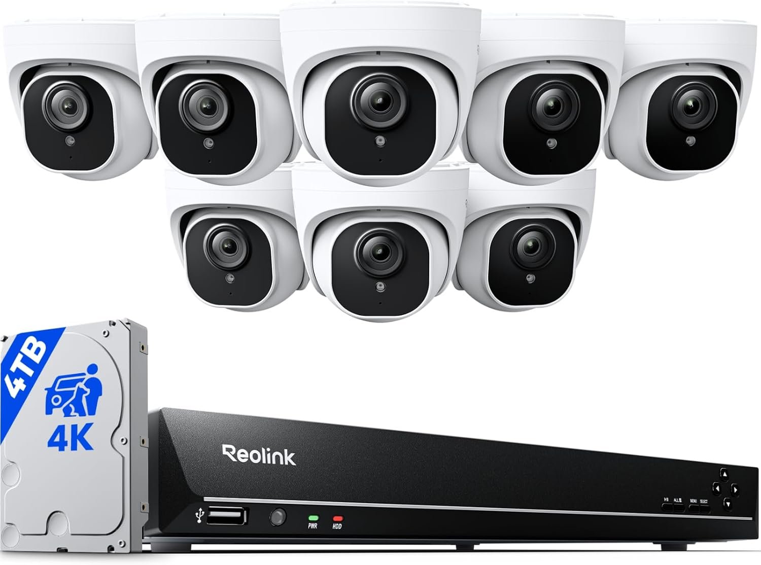 REOLINK 16CH 4K Security Dome Camera System with 4TB HDD RLK16-800D8 | 8pcs 8MP PoE Cameras, Smart Person/Vehicle Detection, 16CH NVR, H.265, 24/7 Recording, High Bitrate & Clear Stream