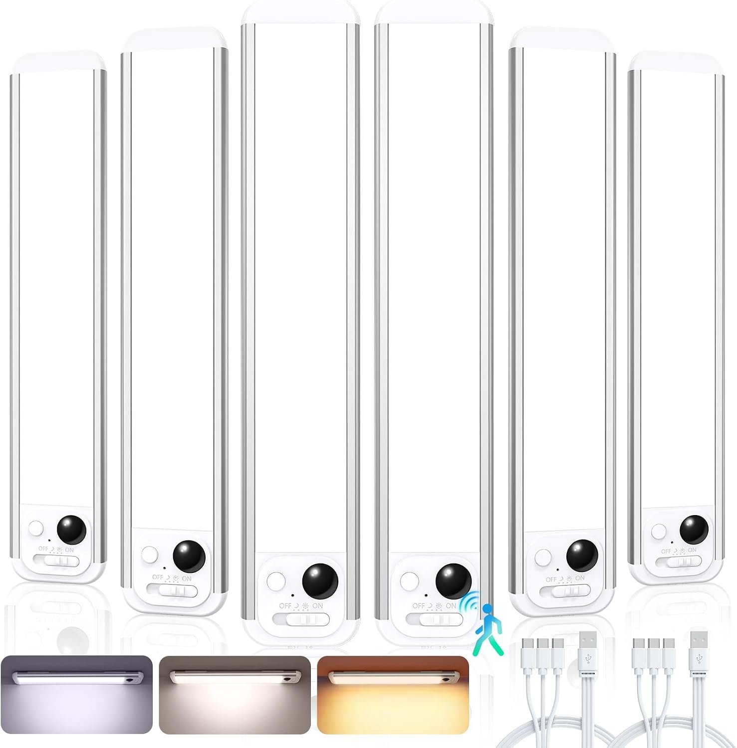 RUIKORING 8.5″ Under Cabinet Lighting 6 Pack, 3 Colors, Motion Sensor Light Indoor,48 LED Rechargeable Closet Lights, Dimmable Under Counter Lights, Stick-On Magnetic Cabinet Night Lights for Kitchen