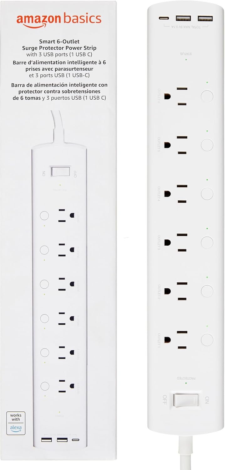 Amazon Basics Smart Plug Power Strip with 6 Individually Controlled Outlets and 3 USB Ports (2 USB-A and 1 USB-C), WiFi, Works with Alexa Only, 2.4 GHz, No Hub Required, White