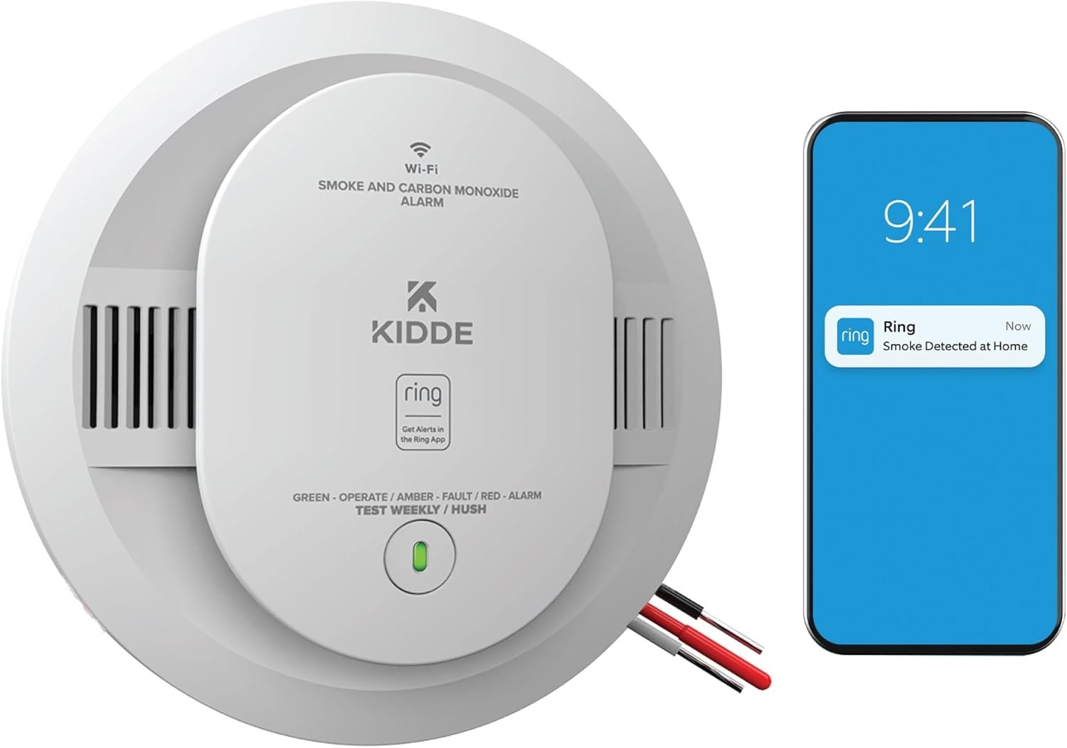 Kidde Smart Smoke and Carbon Monoxide Detector, Ring App Enabled for Real-Time Notifications, Hardwired Alarm, AA Backup Battery