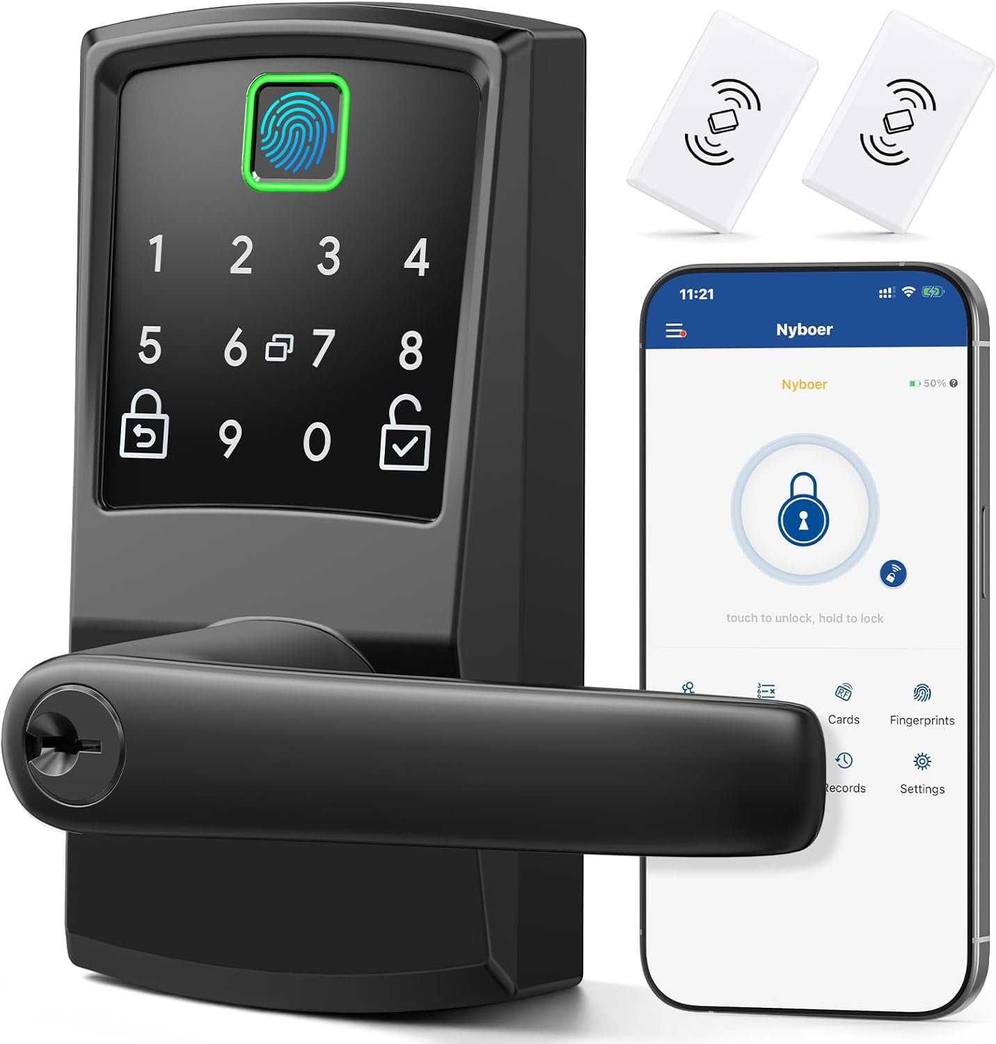 Keypad Smart Door Lock with Handle, Fingerprint Keyless Entry Digital Lock for Front Door,Nyboer Electronic Code Knob, Matte Black, Modern Style, Easy Installation,Deadbolt Alternative