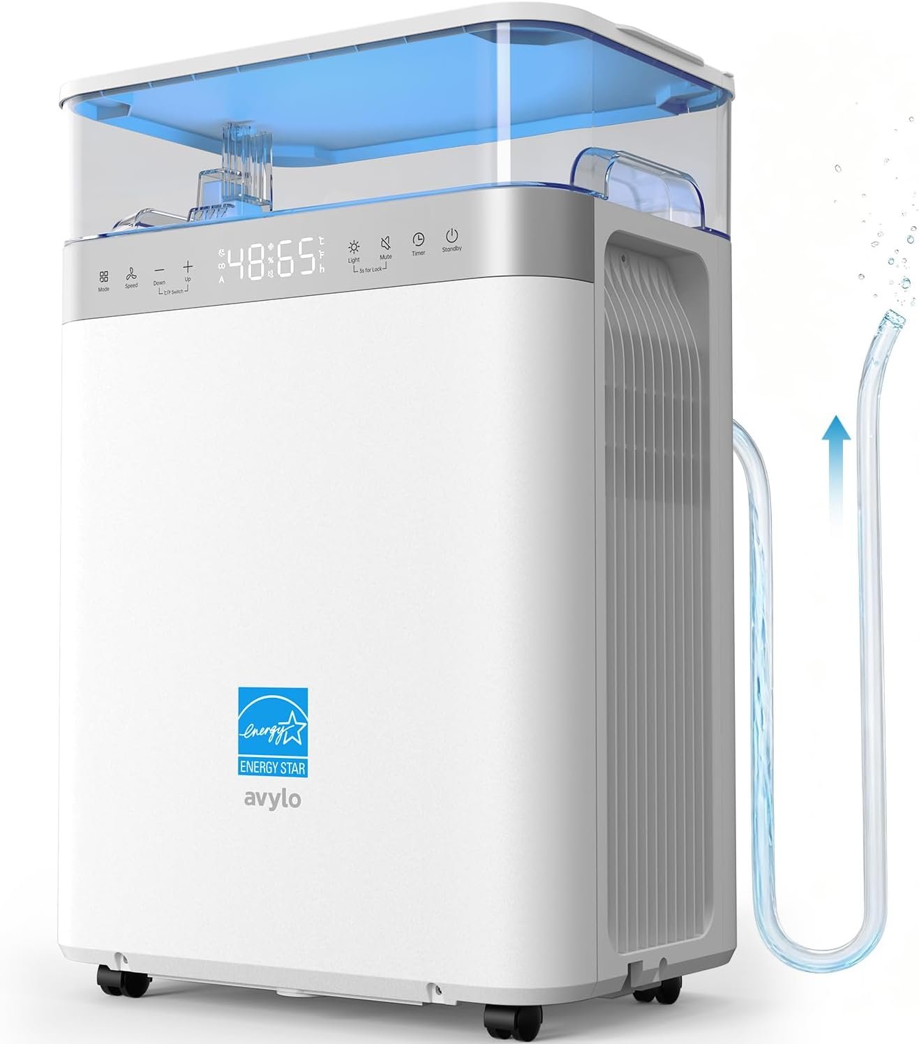 avylo 5000 Sq.Ft Energy Star Most Efficient 2025 Dehumidifier, Max 90 Pint/Day, Top Mounted 2.11Gal Tank, Auto Defrost, White Dehumidifier with Pump and Drain Hose for Basement, Home, Bedroom,Bathroom