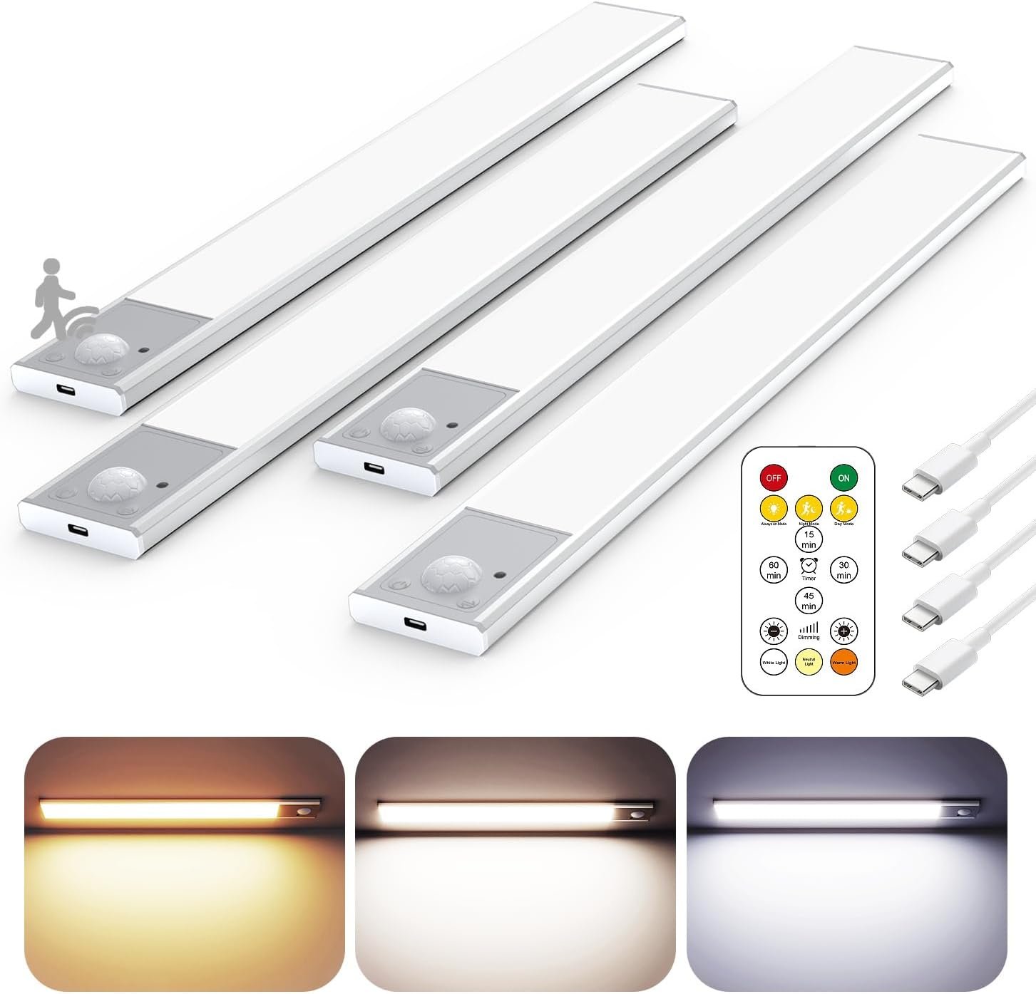 12″ Ultra-Thin Under Cabinet Lighting Wireless, Aluminum Alloy Under Counter Lights for Kitchen, 3-Color-Temps Magnetic Closet Lights, Rechargeable Motion Sensor Light Indoor (4 Pack, Silver)