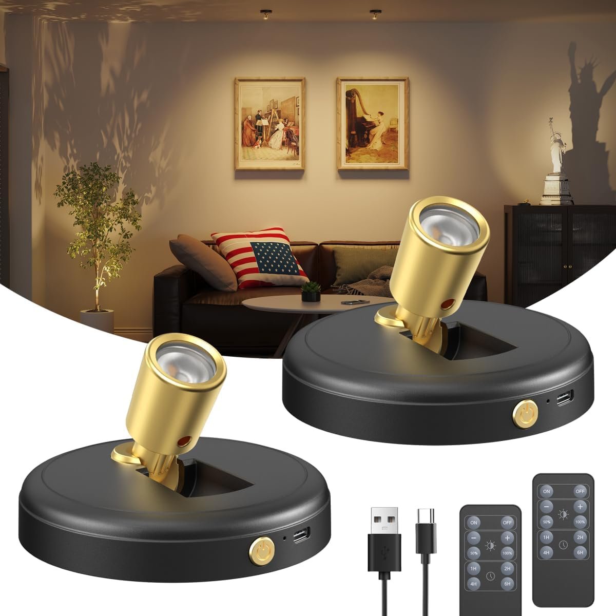 Spot Lights Indoor Led Spotlight: Rechargeable Battery Wireless Up Lights Indoor – Plants Tree Artwork Portrait Picture Display Accent Lighting for Home Decorators Homeowners Art Collectors(2 Pack)