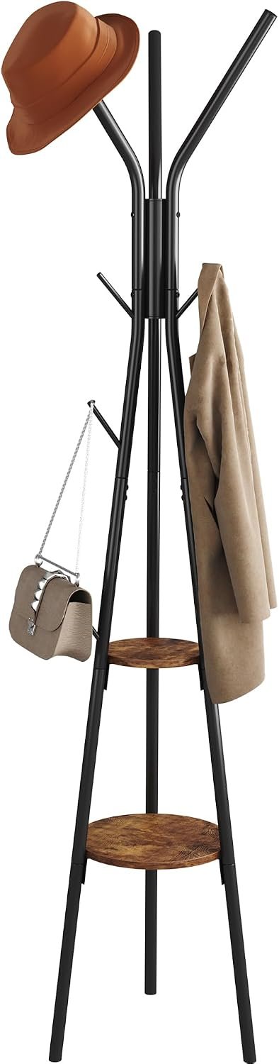 HOMEFORT Coat Rack, Coat Hanger Stand with 2 Shelves, Freestanding Hall Tree, Metal Hat Hanger with 12 Hooks for Clothes Hats and Scarves, Black and Rustic Brown,15.7″ Wx15.7 Dx72.8H