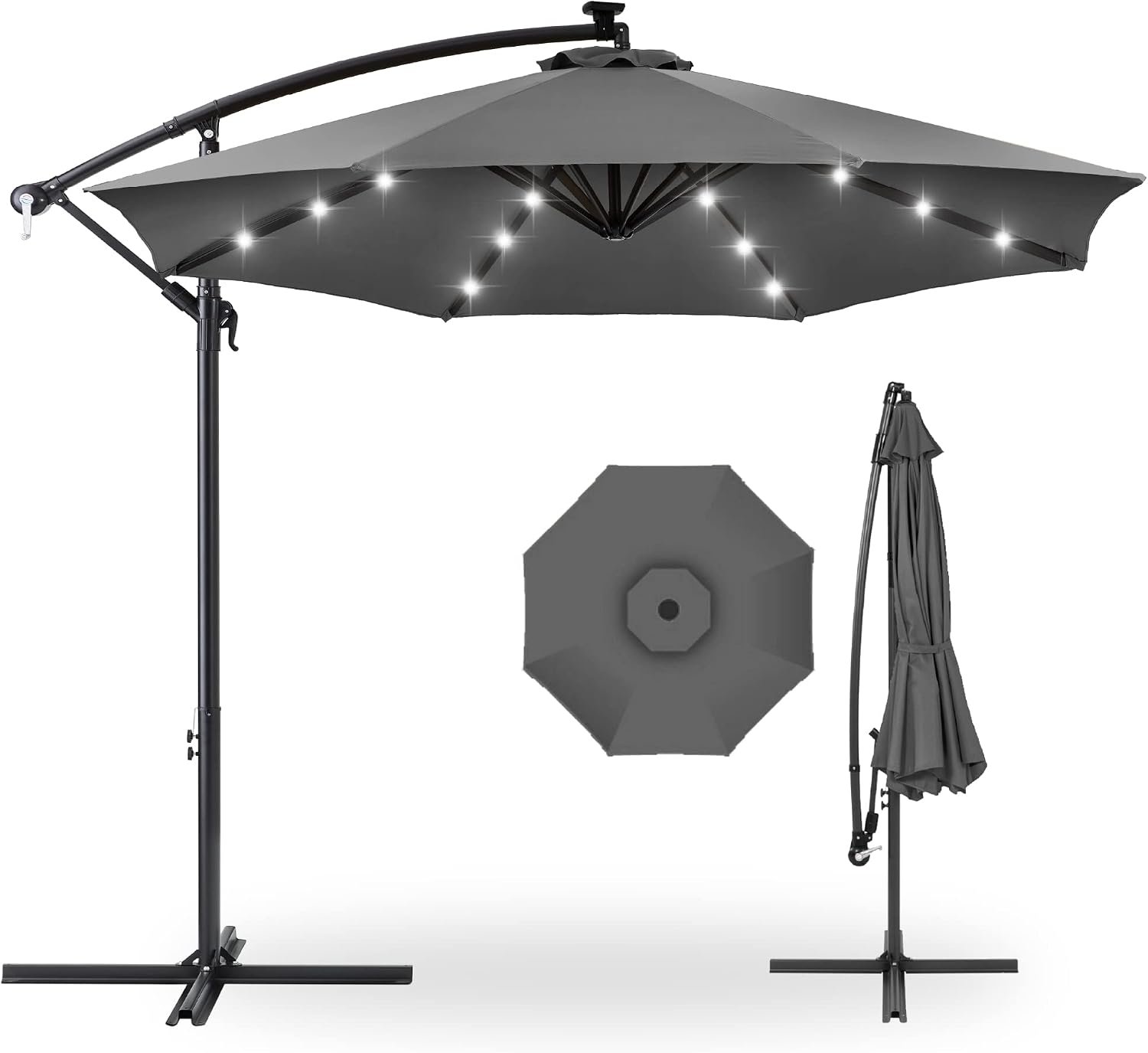 Best Choice Products 10ft Solar LED Offset Cantilever Hanging Market Patio Umbrella, 8 Sturdy Ribs, Easy Adjustment – Gray