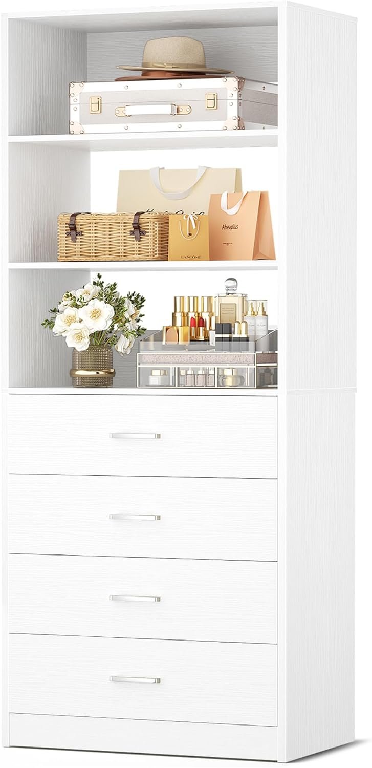 Aheaplus Closet Drawers System, 21.3″ Wood Closet Organizer System with 4 Drawers, Modular Walk-in Closet System Storage Unit, Small Closets Wardrobe Rack, Tall Storage Cabinet Unit, White