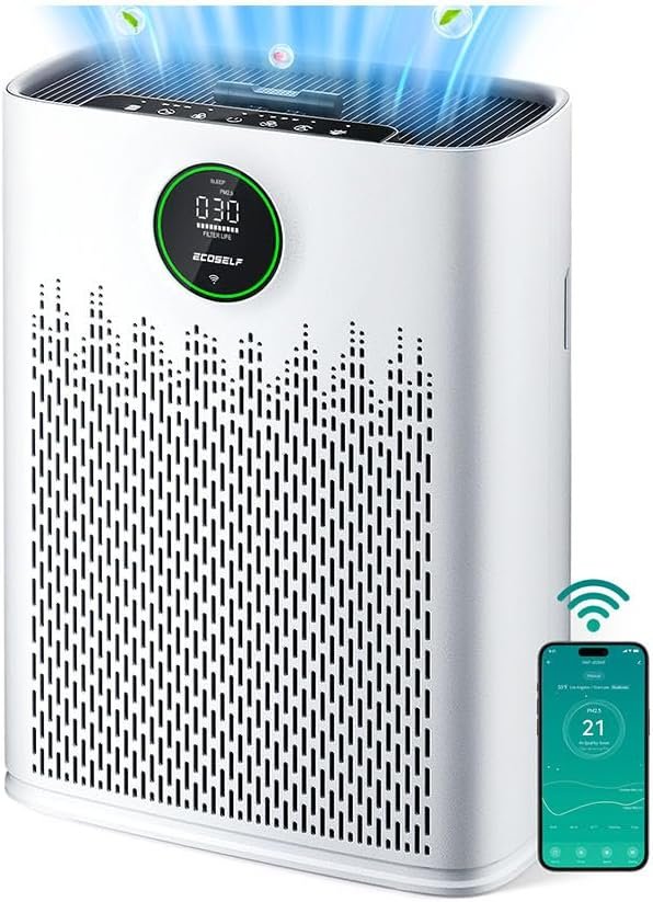 ECOSELF Smart Air Purifier for Home Large Rooms, with WiFi Control, Covers Up to 2400 Ft², Smart Mode, AQI Display, 22dB Sleep Mode & Aromatherapy, HAP603WF, White