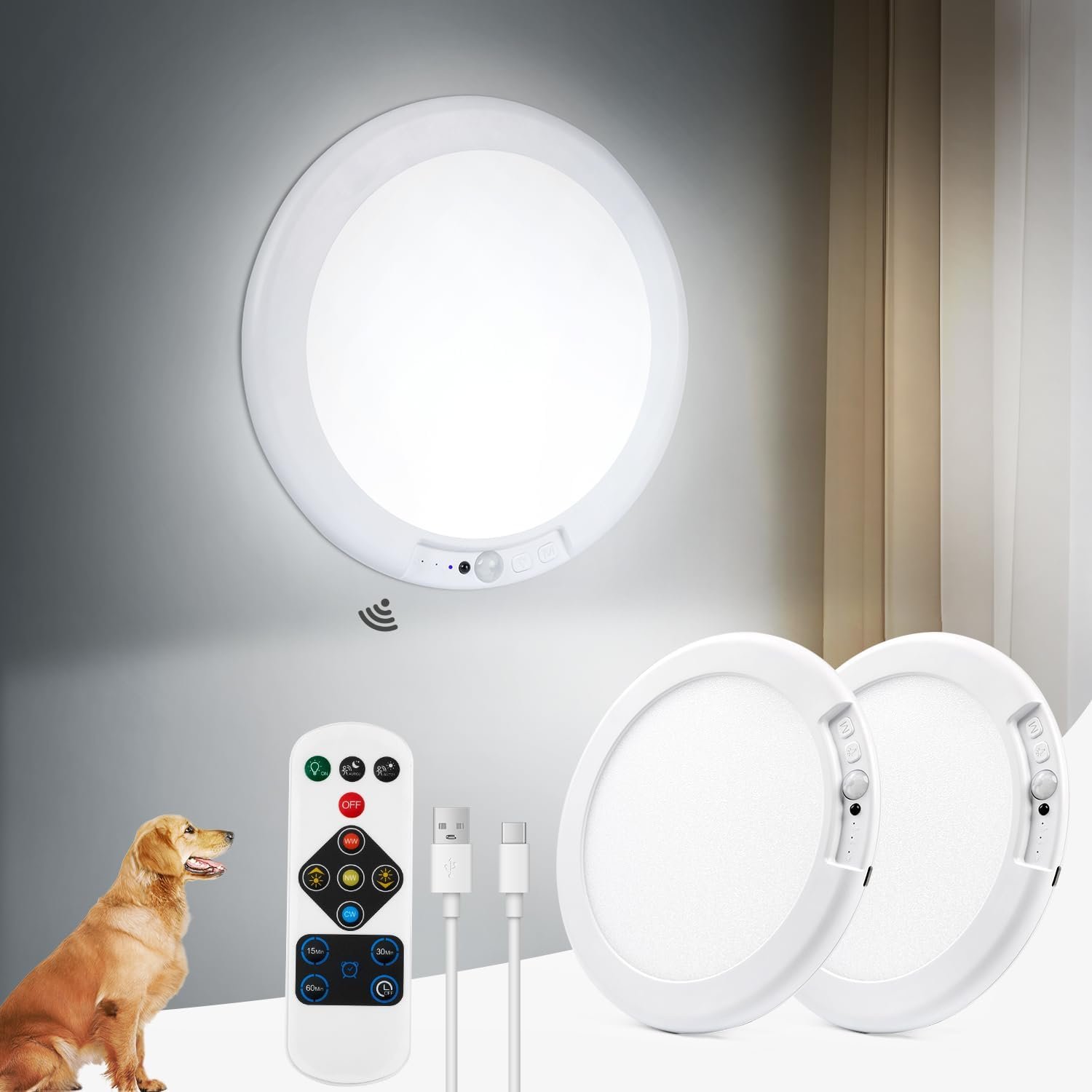 2PCs Battery Powered Ceiling Light with Remote, 7.48″ Rechargeable Shower Light Waterproof, Wireless Motion Sensor Ceiling Lights Indoor 3000K/4500K/6500K Dimmable for Bathroom Closet