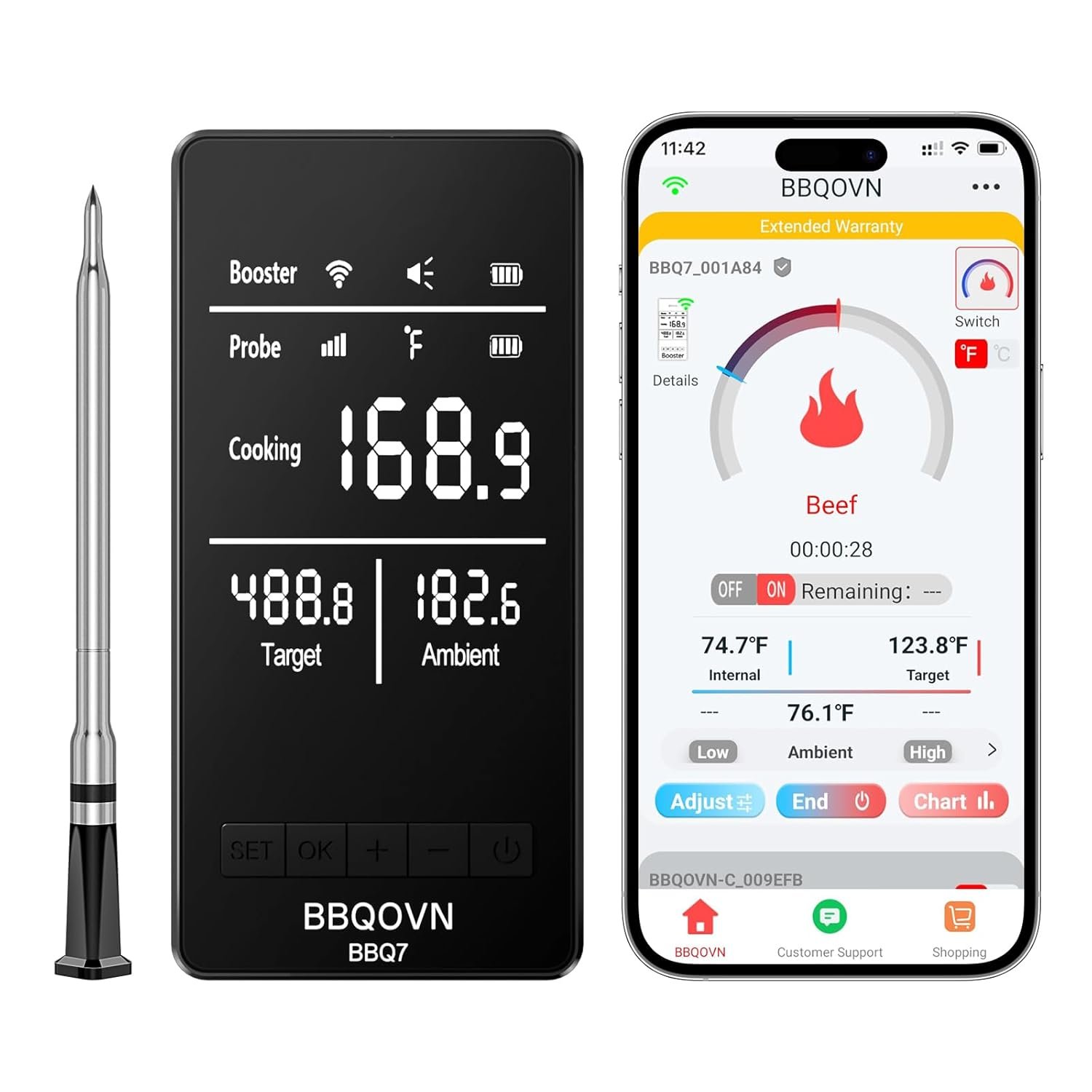 BBQOVN Smart WiFi Wireless Meat Thermometer, Sub-1G 656FT Range, 7-Sensor Probe, Standalone LED Base, IP68 Waterproof, APP Remote for BBQ Grill Smoker Oven