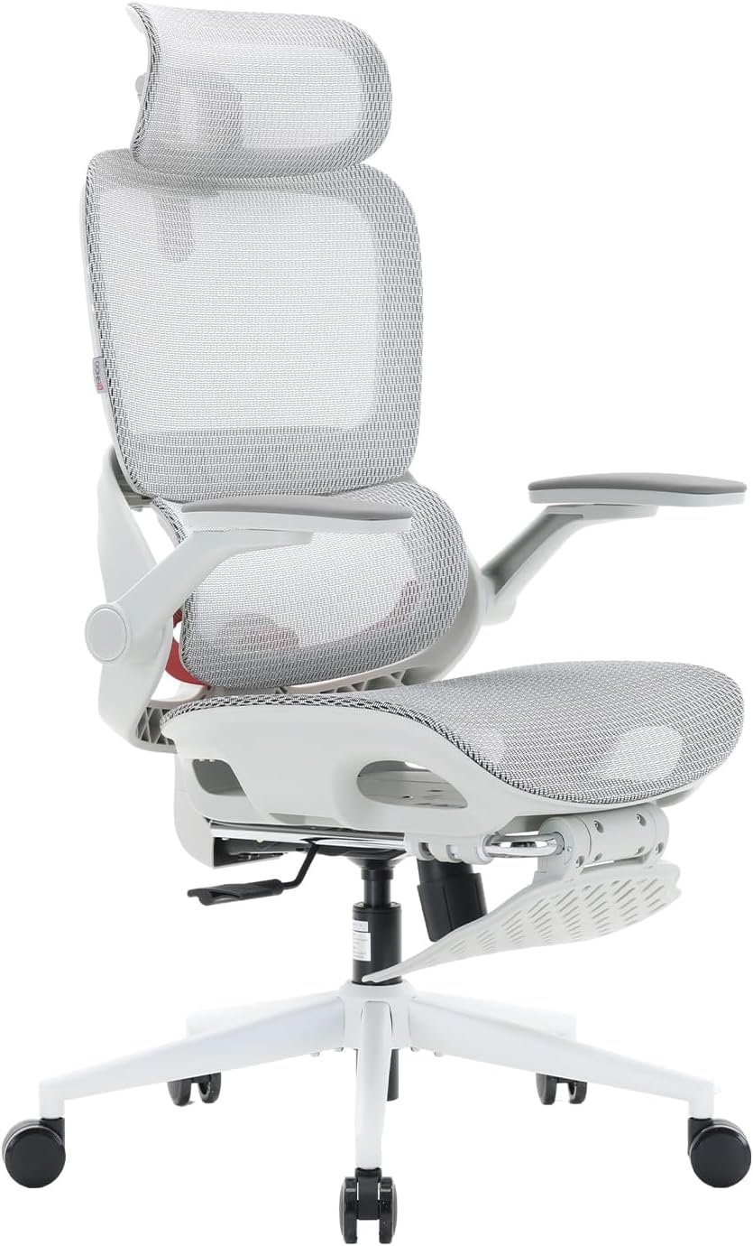SIHOO B100 Pro Ergonomic Office Chair, Office Chair with Adaptive Lumbar Support, Computer Chair with Dual-Back, Desk Chair with 360° Rotatable & Flip-Up Armrests, 3D Wide Headrest, Light Grey