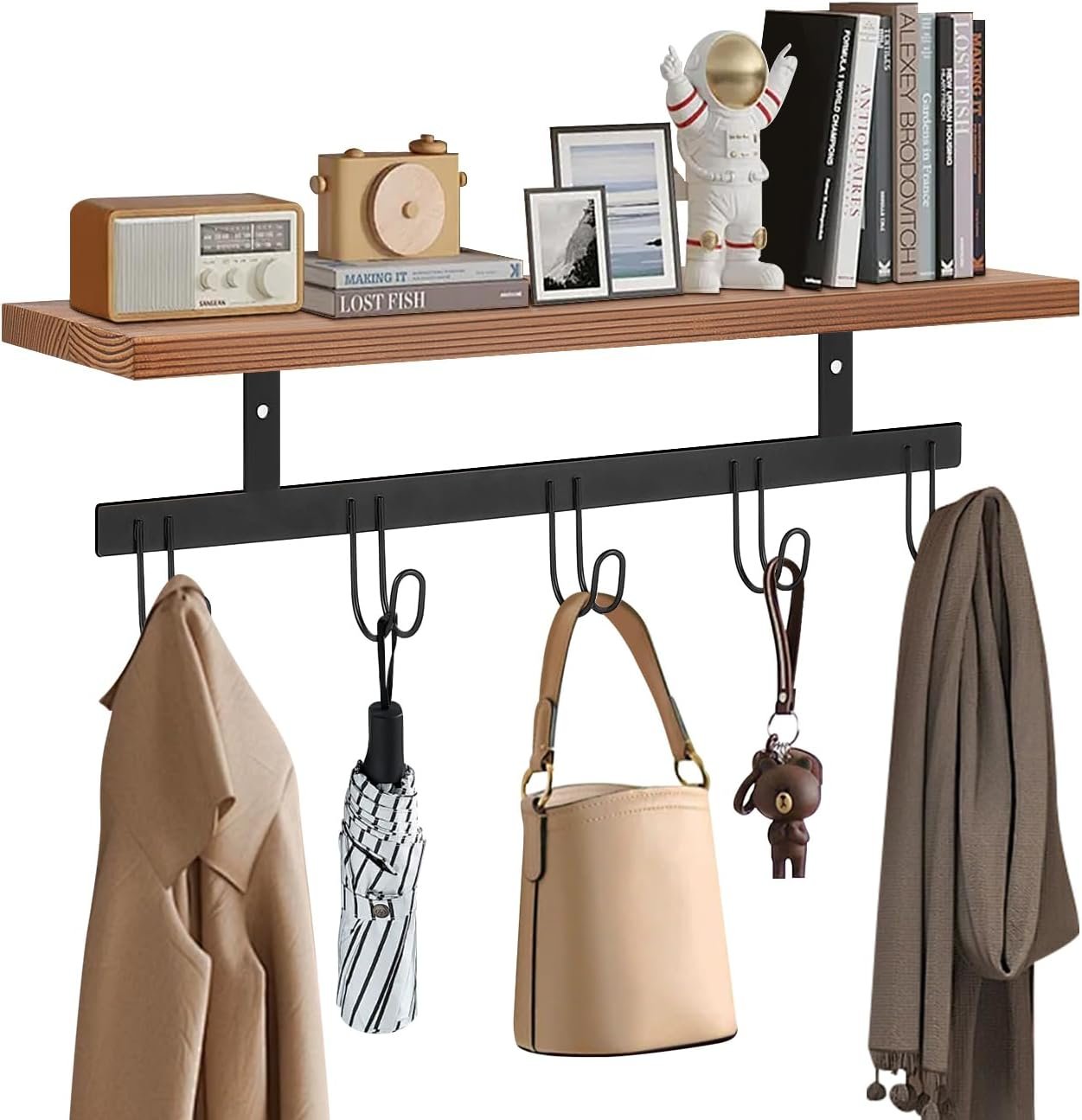 Livabber Wall Mounted Coat Rack with Wooden Shelf, Heavy Duty Wall Hanging Storage with 5 Metal Hooks for Bathroom, Entryway, Living Room, Bedroom (Black)