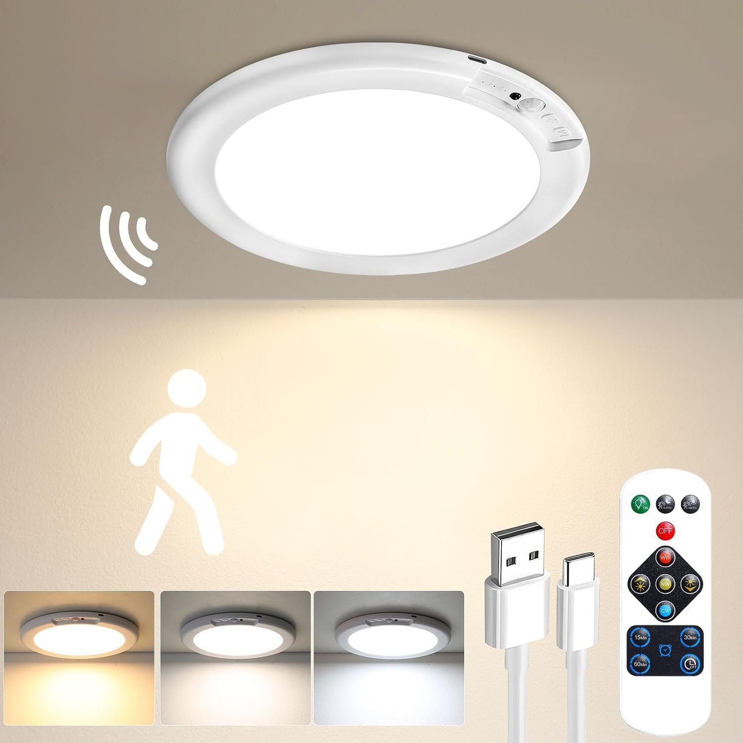 Gotopceed Rechargeable Motion Sensor Ceiling Light with Remote – Magnetic Wireless Ceiling Light Battery Powered for Closet Shower Stairs Shed Hallway ect