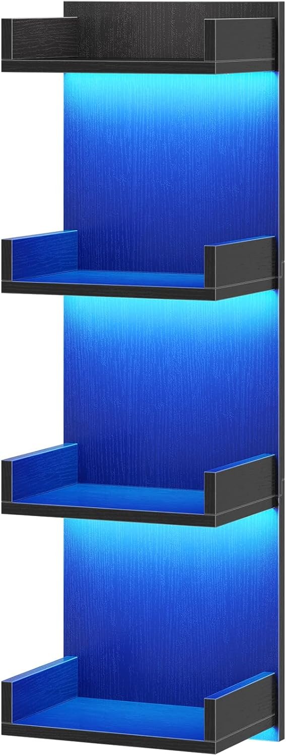 HOOBRO Floating Wall Shelves with LED Lights, Floating Shelf Wall Mounted for Storage, Vertical Display Stand, Modern Column Rack, for Bedroom, Livingroom, 4-Tier, 35.4 Inches, Black, BK41DBJ01