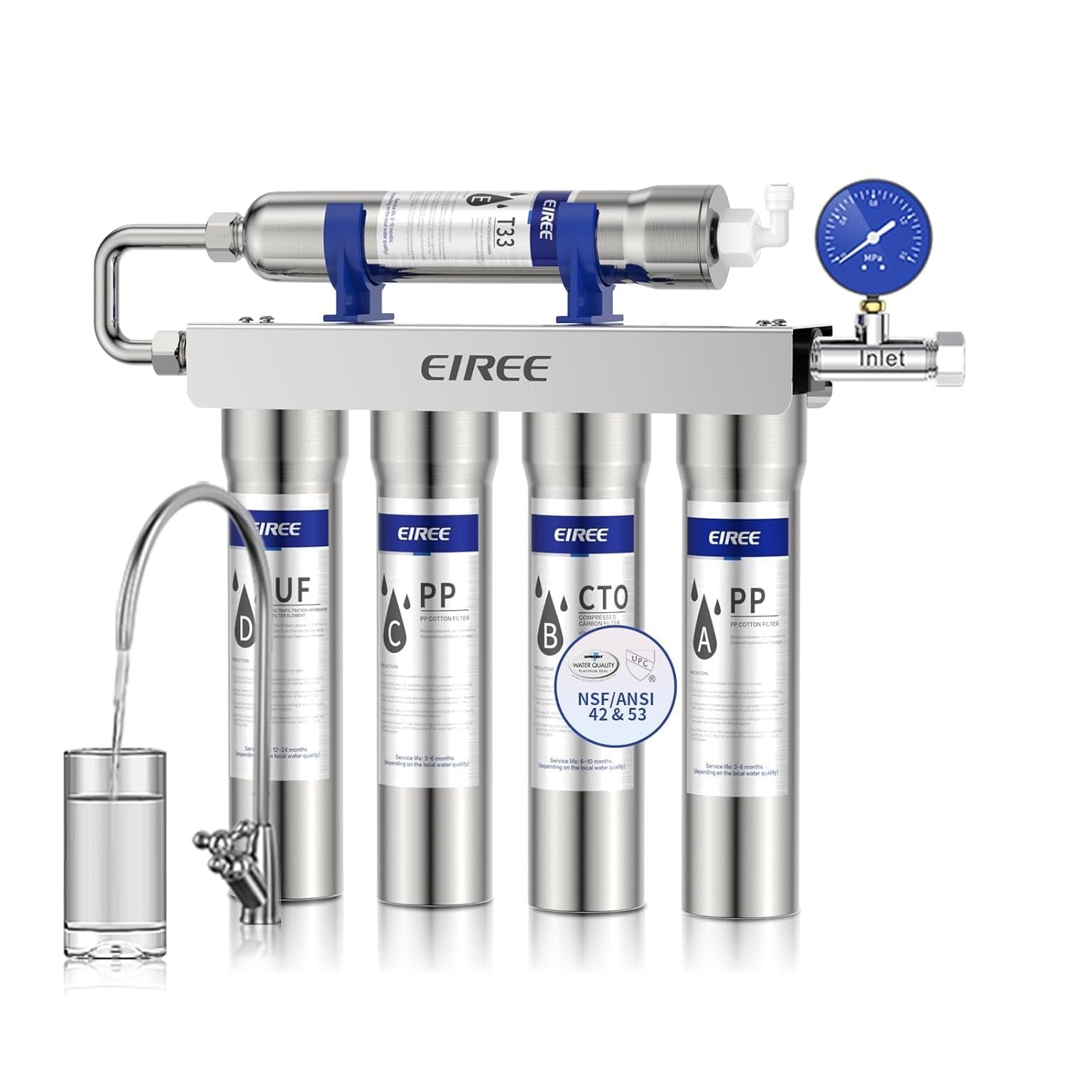 EIREE H502B Under‑Sink Ultrafiltration Water Filter – 0.01 µm Membrane, Removes 99.99% Heavy Metals, Chlorine & Odor, Stainless Steel Housing, USA Tech