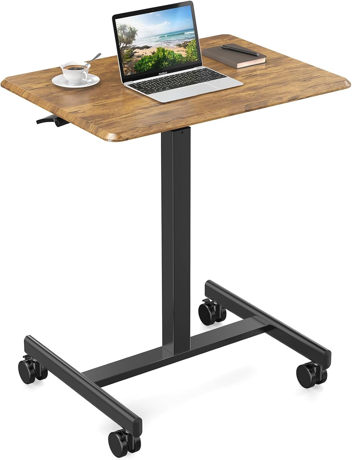 DUMOS Small Standing Desk Mobile Portable Rolling Laptop PC Table on Wheels Adjustable Height Computer Workstation for Home Office Small Space, 19 Inch, Modern Brown