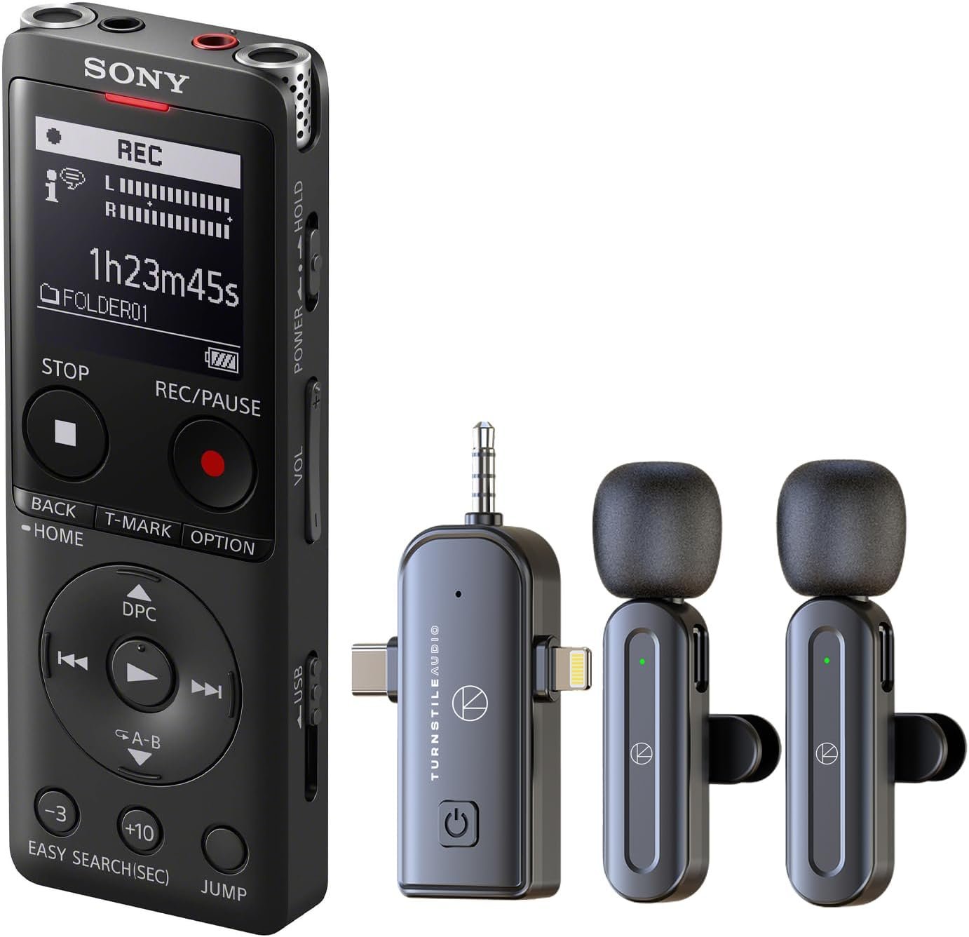 Sony ICD-UX570 Digital Voice Recorder, Bundle with Turnstile Audio 3-in-1 Multifunctional Wireless Lavalier Microphone