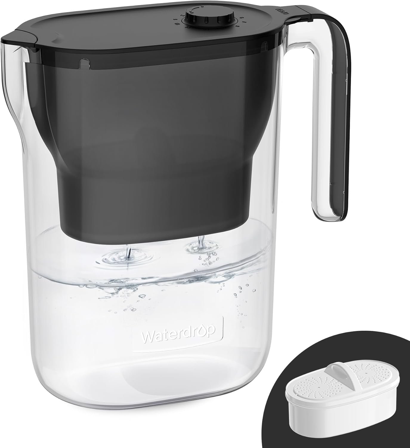 Waterdrop PT-05BL-L Water Filter Pitcher, 7-Cup, NSF Certified, 200-Gallon Long-Life Filter Purifier, Reduces Chlorine and PFOA/PFOS, for Countertop, Replaces 6,400 Plastic Water Bottles a Year, Black