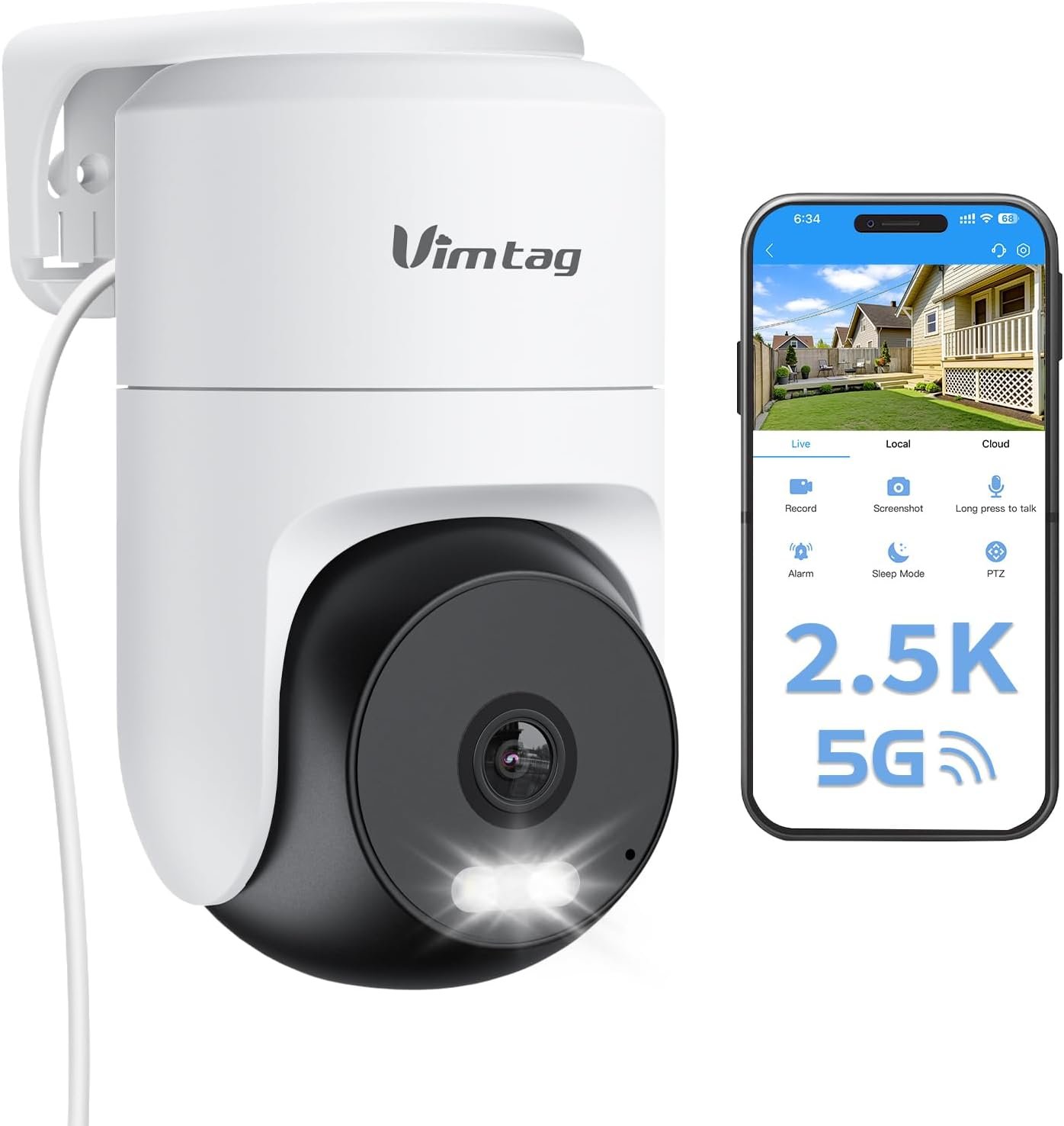 VIMTAG Pan/Tilt Outdoor Security Camera, 2.5K 4MP WiFi Home CCTV Camera, 360° View & Motion Tracking, Color Night Vision, 2-Way Audio, AI Detection Alarm, IP66, Cloud & SD Card Storage, Works w/Alexa