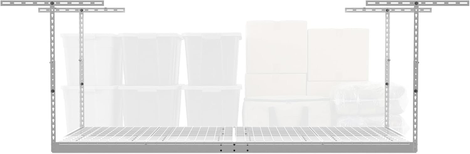 MonsterRax Overhead Garage Storage Rack – 4 x 8 Ceiling Shelving, Adjustable Hanging Racks, Color: White, 24″-45″ Ceiling Drop.