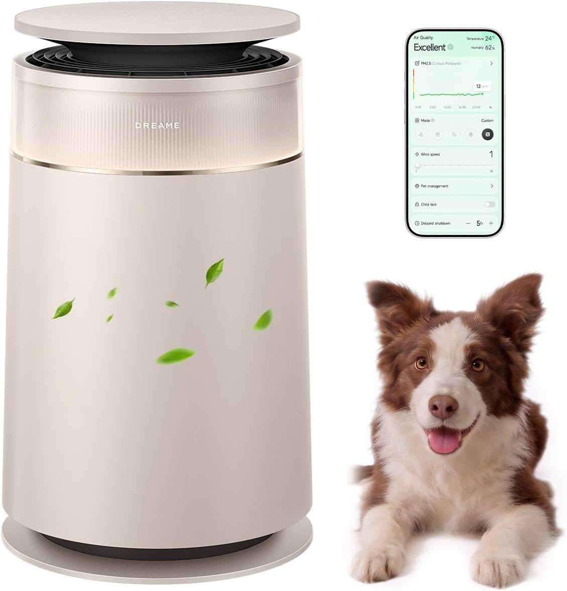 ‌Dreame HEPA Air Purifier with Self-Cleaning Pet Hair, Suck Up Floating Cat Dog Hair Dander for Home Large Room, 4 Filters Smart Air Cleaner for Pet Odor Purification, APP & Voice Control, FP10-Beige
