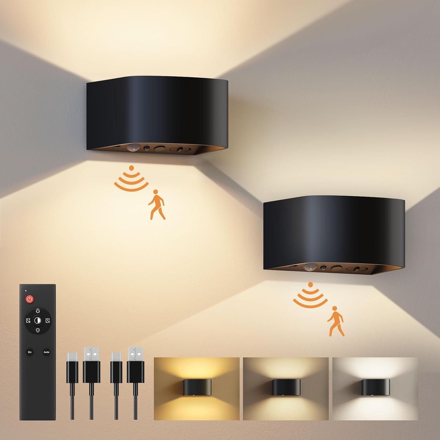 FULEN Motion Sensor Wall Light with Remote Control 3 Colors Wireless Wall Lamp LED Indoor Up and Down Wall Sconce 5000mAh Rechargeable Battery Powered Wall Lamps Brightness Adjustable, 2 Pack