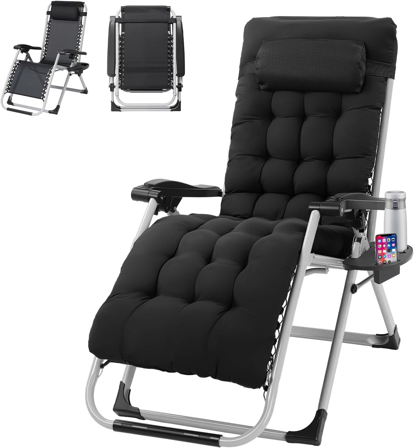 VINGLI Padded Zero Gravity Chair, Lounge Chair with Removable Cushion & Tray， Folding Reclining Patio Chairs， Recliner Chair for Lawn，Indoor Outdoor-Black