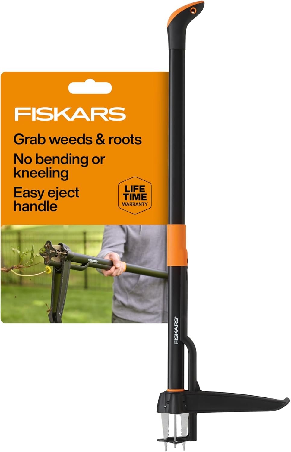 Fiskars Stand-Up Weed Puller Tool, 4 Serrated Stainless Steel Claws Grip Roots for Permanent Removal, Reinforced Foot Platform Penetrates Tough Soil, Easy-Eject & Ergonomic Offset Handle, 39″