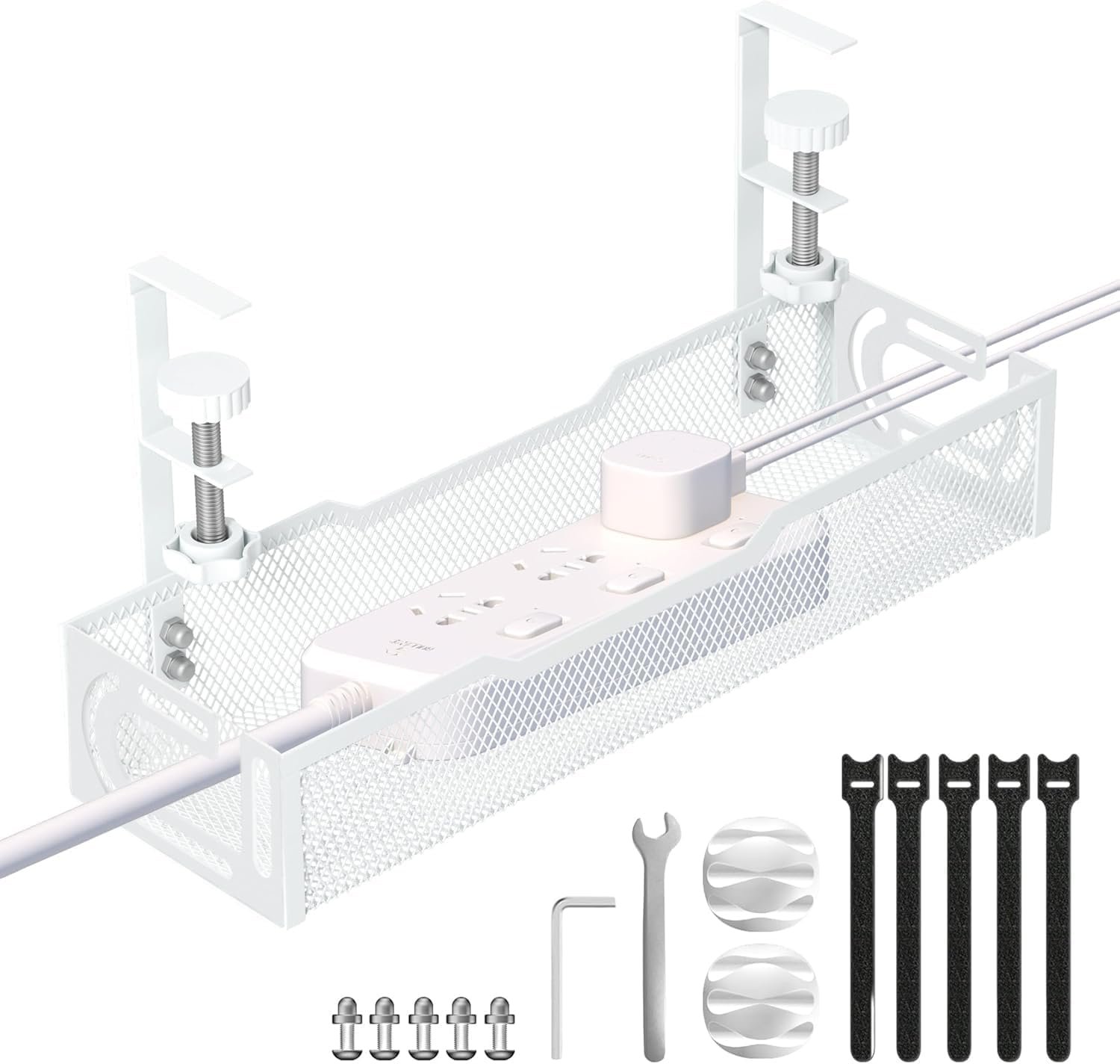 Under Desk Cable Management Tray, No Drill Mesh Desk Cable Tray, Wire Management Tray Cable Management Rack, Wire Organizer and Cable Management Box (White)