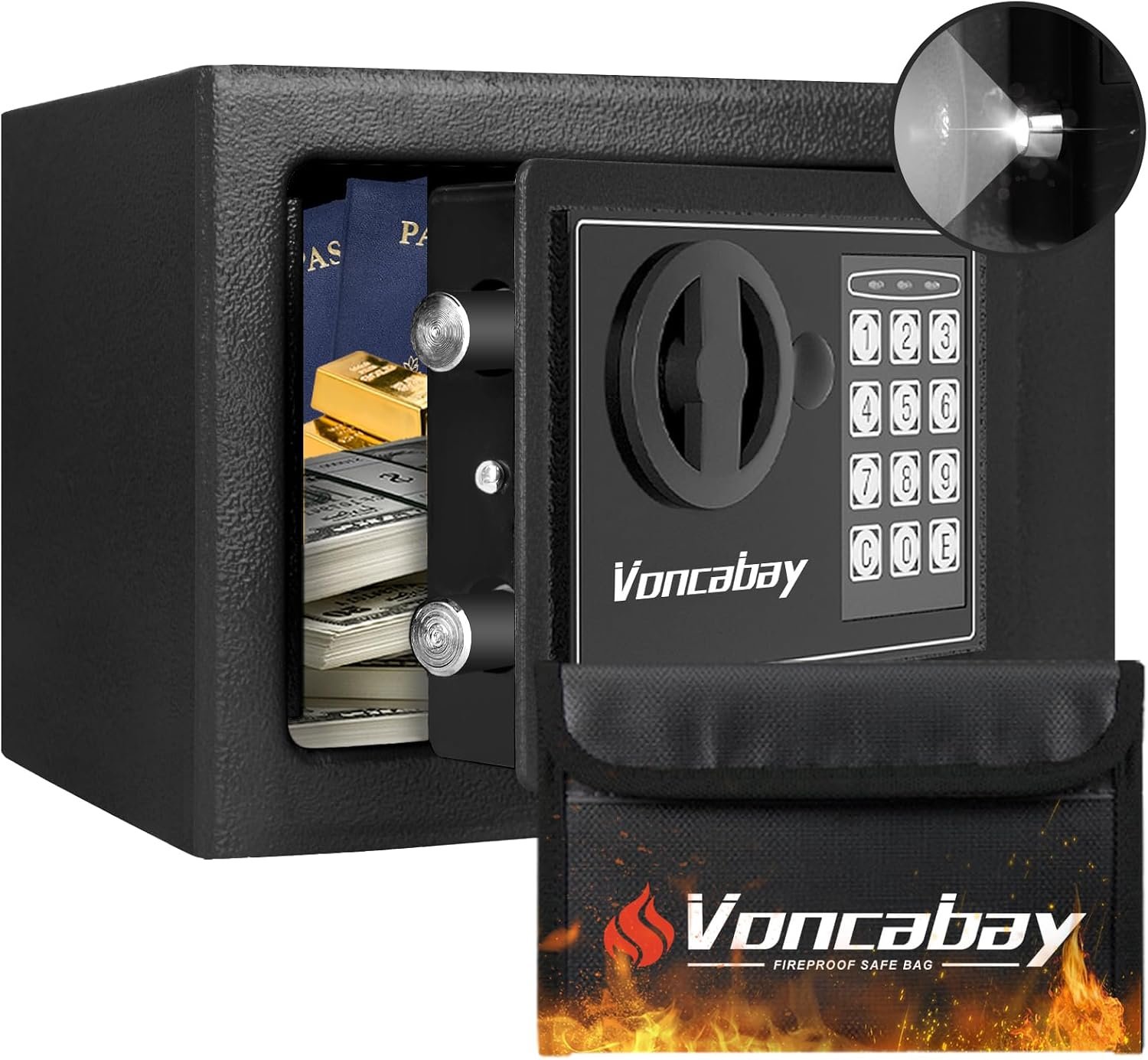 Voncabay Money Safe Box for Home with Sensor Light & Fireproof Money Bag – 0.23 Cubic Feet Security Safe Box with Digital Keypad, Keys & Pass Code Lock, 9.05″ W x 6.69″ D x 6.69″ H, Black