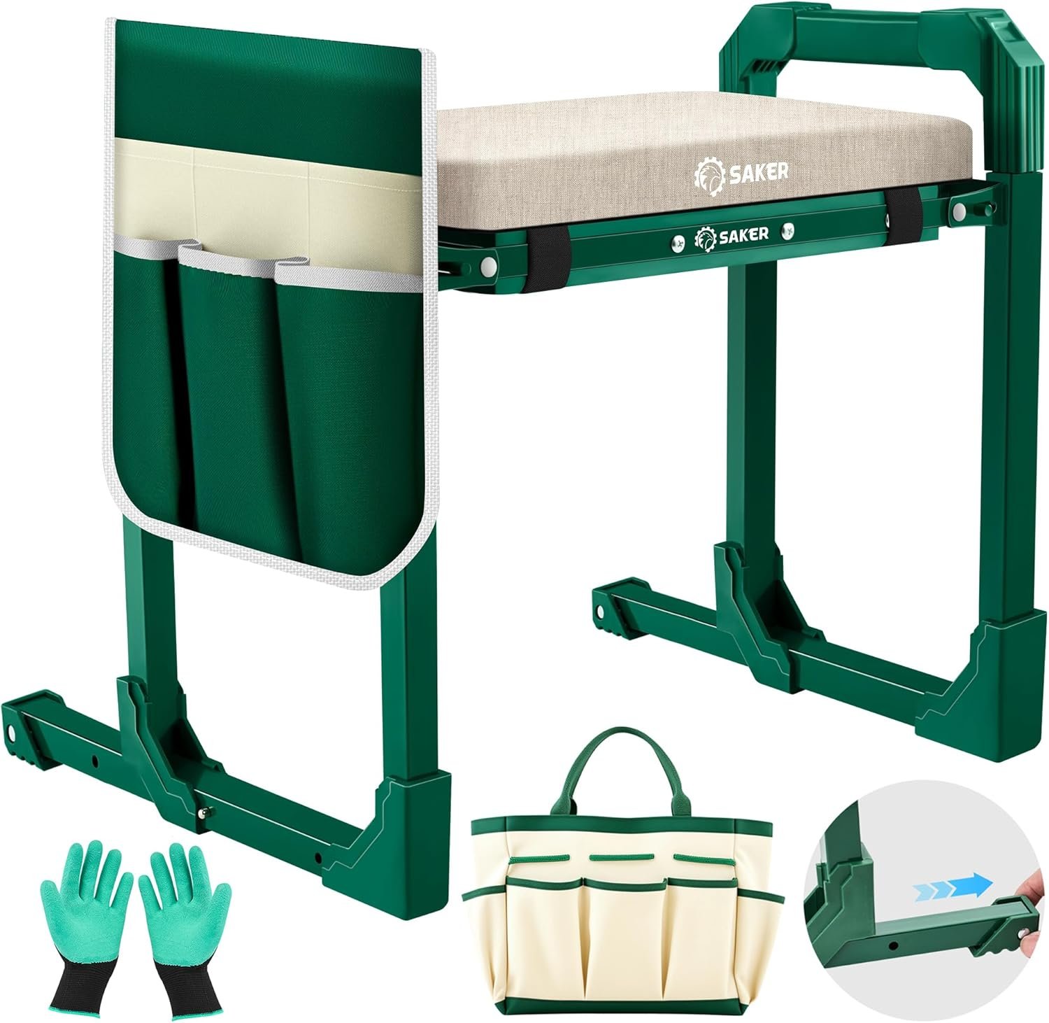 Saker Garden Kneeler and Seat Foldable Gardening Stool with Extendable Legs & Thickened Pad, Tool/Storage Bag, Heavy Duty 400lbs Support for Elderly, Gardening, Outdoor Use