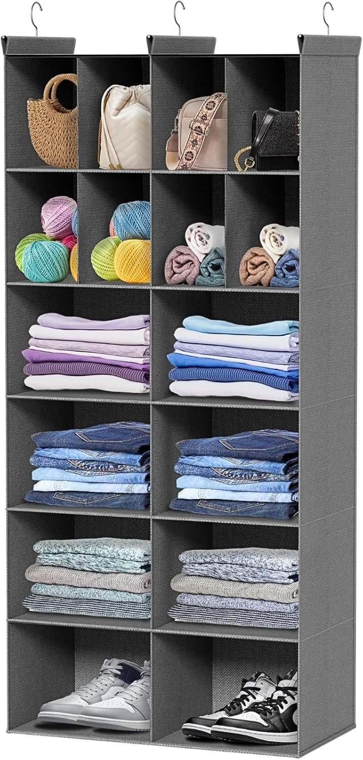 Ofiray-home 6 Tier Hanging Closet Organizer, 16 Compartments Sweater Organizer for Closet with 3 Sturdy Hooks, Closet Organizers and Storage, Wardrobe, Rv, Garment Rack, Grey