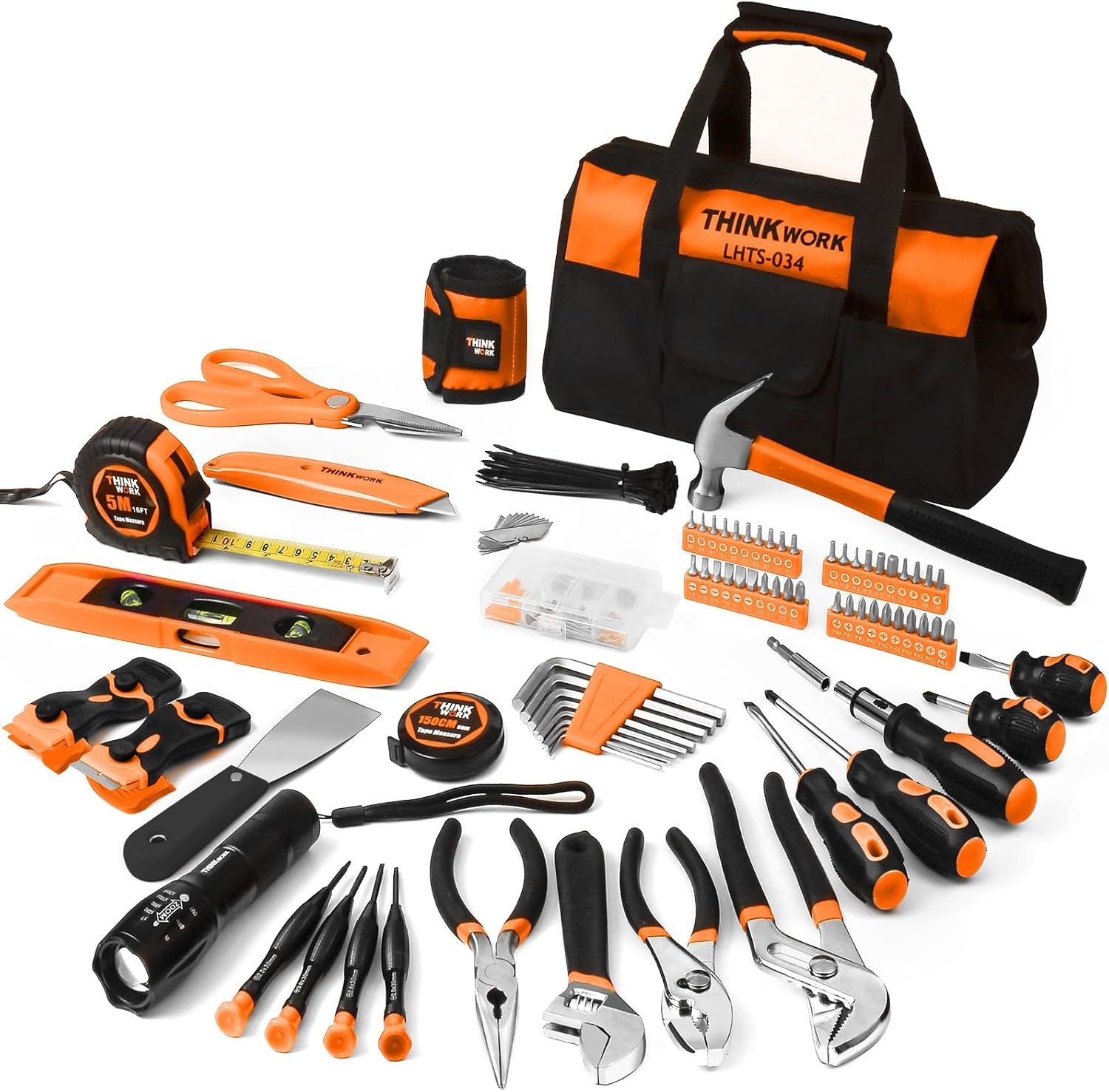 THINKWORK Tool Set – 207 Piece Portable Home Repairing Tool Kit, General Household Hand Tool Set with 13” Wide Mouth Open Storage Tool Bag, Perfect for DIY, Home Maintenance, Handyman – Gift for Men