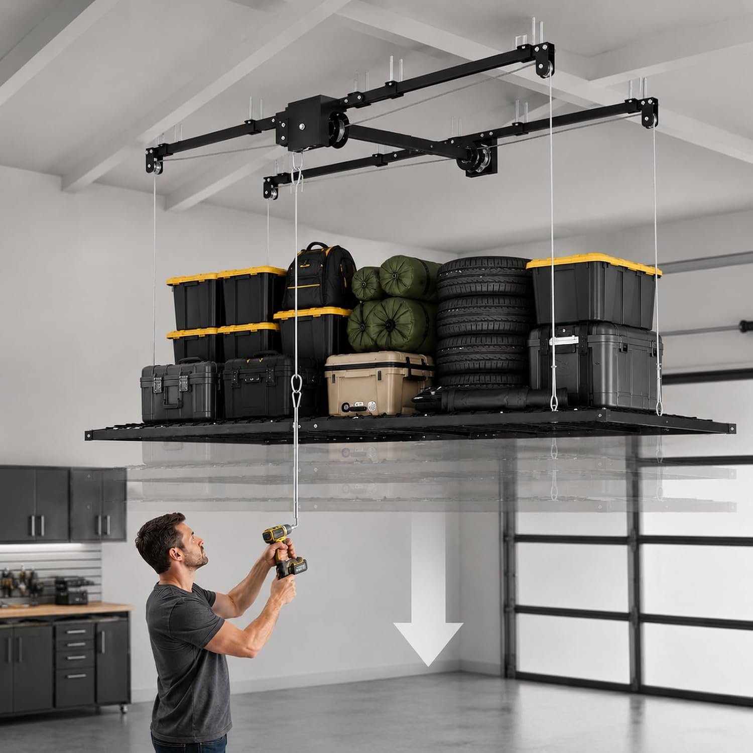Overhead Garage Storage Rack 5×9 FT, Pull Down Garage Ceiling Storage Lift System with Drill-Operated Crank, Heavy Duty Ceiling Mounted Organizer with Safety Lock, 400 LBS Capacity