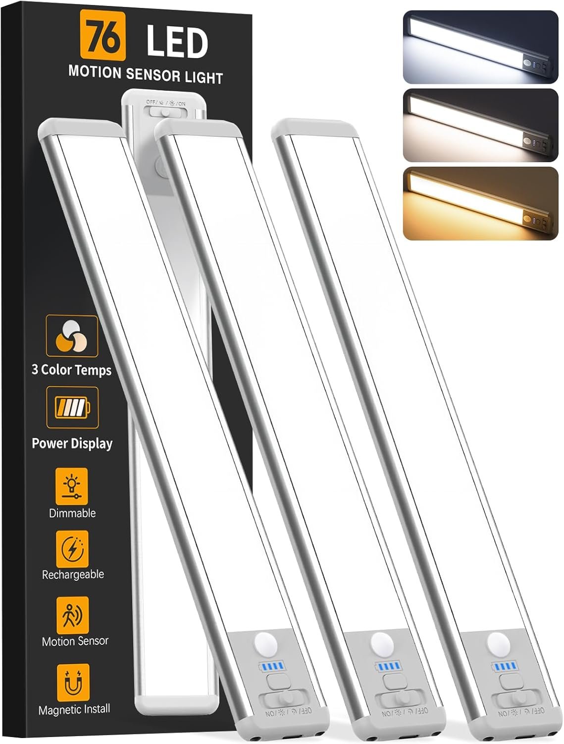 Under Cabinet Lighting Wireless, Rechargeable 10inch Motion Sensor Light Indoor, 3 Color Closet Light Battery Operated with LED Power Display, Magnetic Under Counter Lights for Kitchen, Home (3Pack)