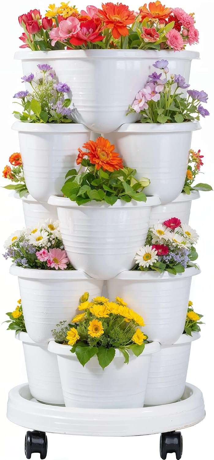 VECELO 5 Tier Vertical Garden Planter, Self Watering Stackable Planters with Wheels for Strawberries, Herbs, Flowers, Vegetables, White