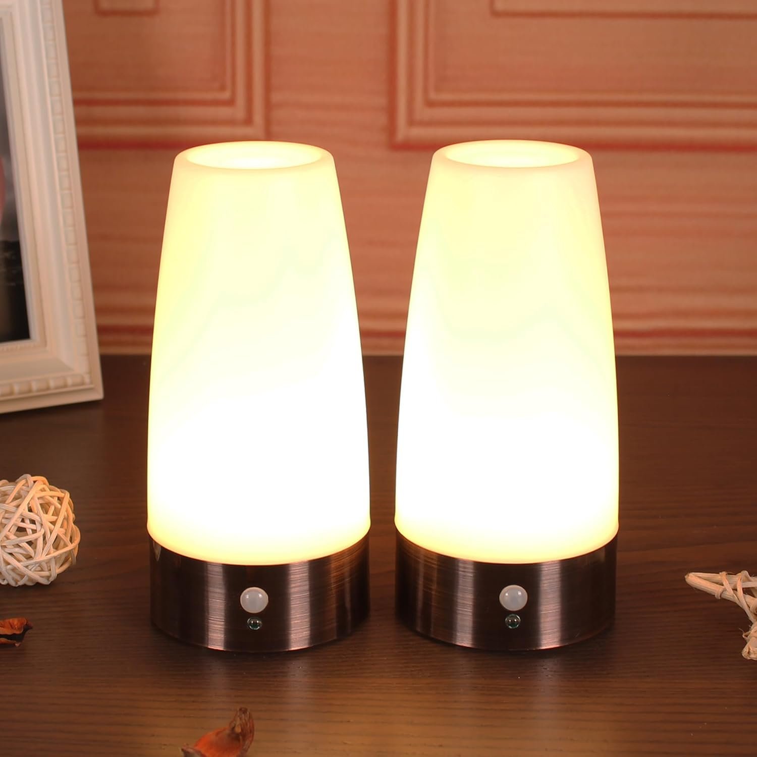 WRalwaysLX 2Pack Round Bedside Lamp PIR Motion Sensor LED Night Light,3 Modes Battery Powered Small Table Lamp,USE 3×1.5VAAA Battery,Sensitive Portable