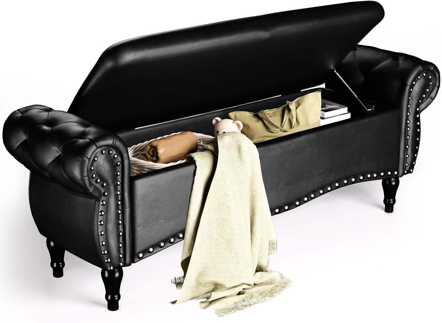 ZZW Storage Ottoman Bench, 51″ Length Upholstered End of Bed Storage Bench for Bedroom with Safety Hinge, Tufted Bed Benches with Rolled Arm and Nailhead Trim for Living Room, Entryway Black