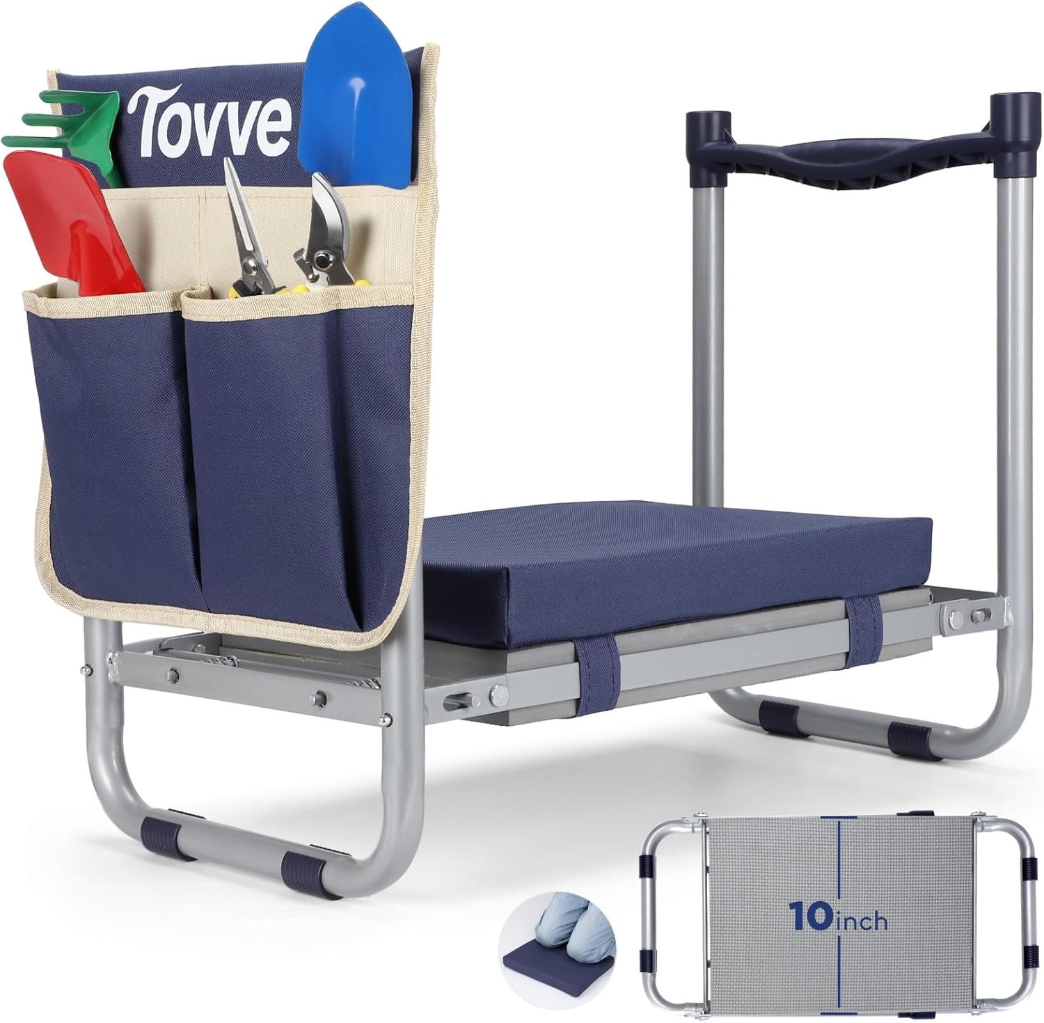 Tovve Foldable Garden Kneeler and Seat, Heavy Duty Garden Stool with 10″ Wide Detachable Kneeling Pad, Portable Garden Bench Chair with Large Garden Tool Bag, Gardening Gifts for Women, Seniors, Mom