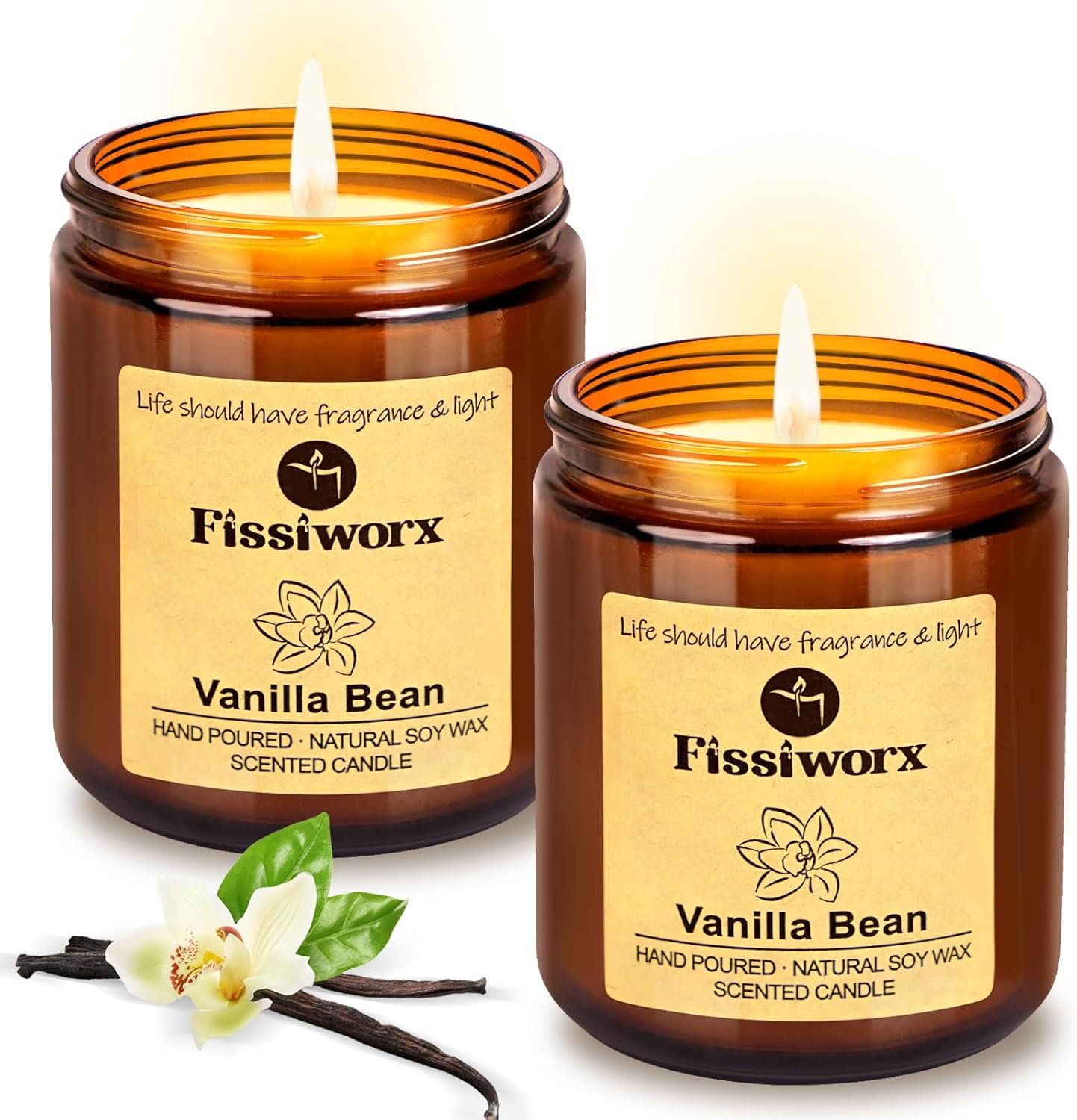 Fissiworx Vanilla Scented Candle Set 2 Pack, Candle for Home Scented, Odor Eliminating, Stress Relief, 15oz, 110 Hours Long Lasting Candles, Soy Candle Gift Set for Women