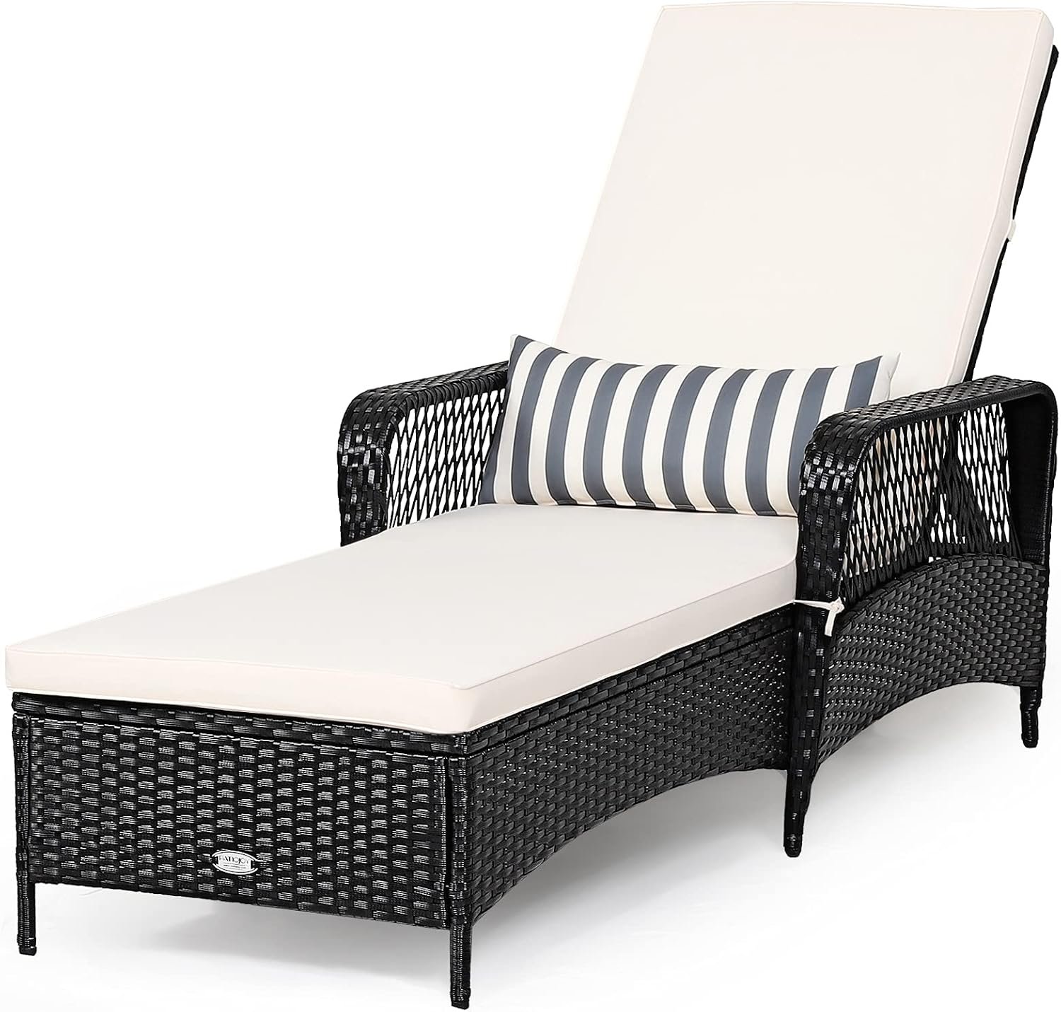 Tangkula Wicker Chaise Lounge Outdoor, Patio Rattan Reclining Chaise with 6-Gear Adjustable Backrest, Thick Padded Cushion & Removable Lumbar Pillow, Pool Lounge Chairs for Outside Balcony Backyard