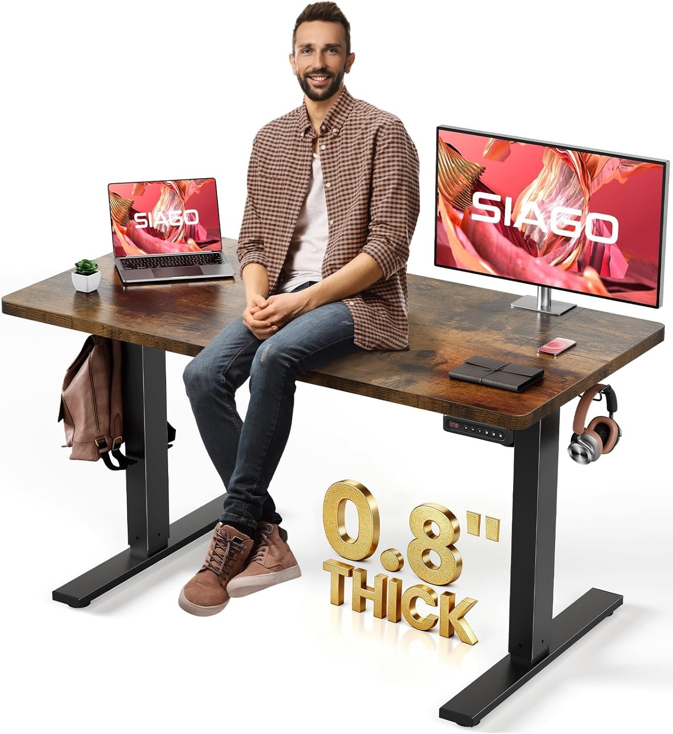 SIAGO Electric Standing Desk Adjustable – 48 x 24 Inch Sit Stand up Desk with 0.8 Inch Thick Tabletop – Adjustable Height Table with 3 Memory Preset, Cable Management for Home Office