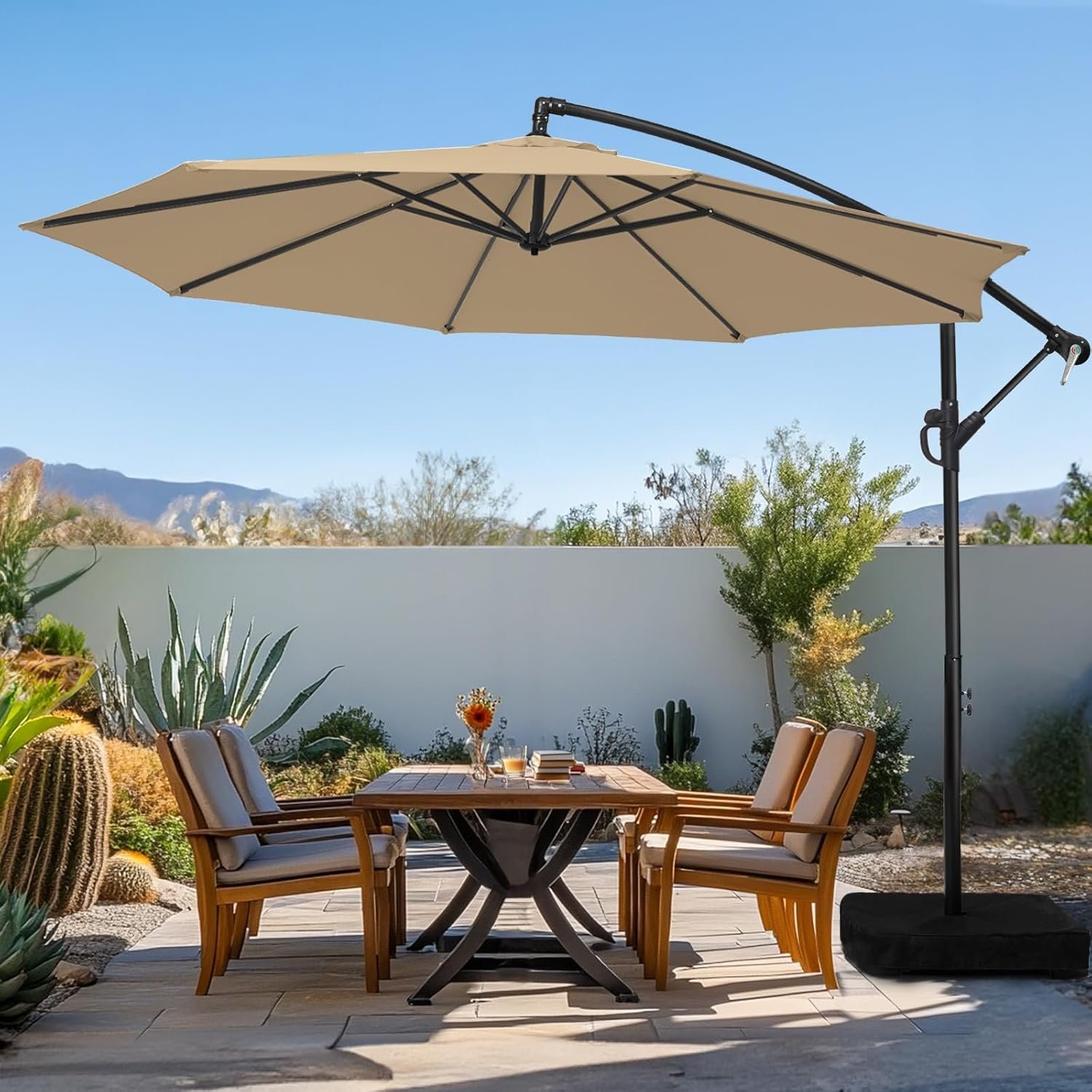 wikiwiki 10ft Patio Umbrella with Base Included, Outdoor Offset Cantilever Umbrella with Sandbag Base for Backyard, Garden and Pool, Easy to Tilt and Crank, Tan