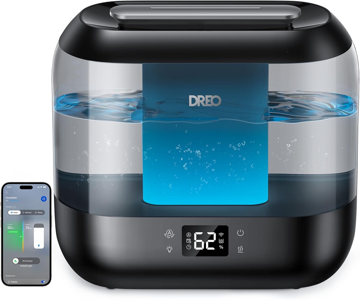 DREO 4L Smart Cool Mist Humidifiers for Bedroom HM311S Black | Top Fill, Quiet Sleep 28 dB, 36H Runtime for large room, Touch/APP/Voice Control, Nightlight, ideal for Baby, Plants, Nursery